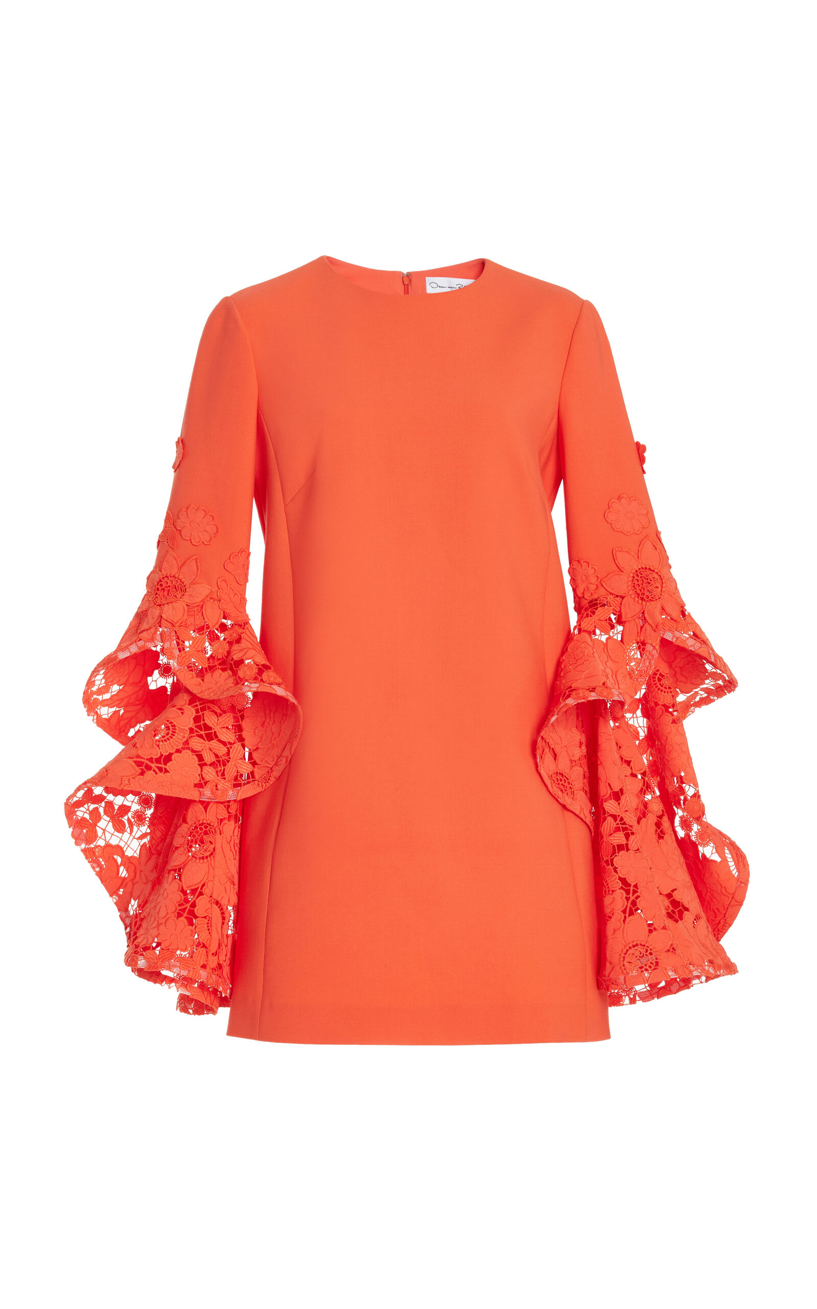 Oscar De La Renta Ruffled Guipure Lace Stretch Wool Mini Dress In Orange