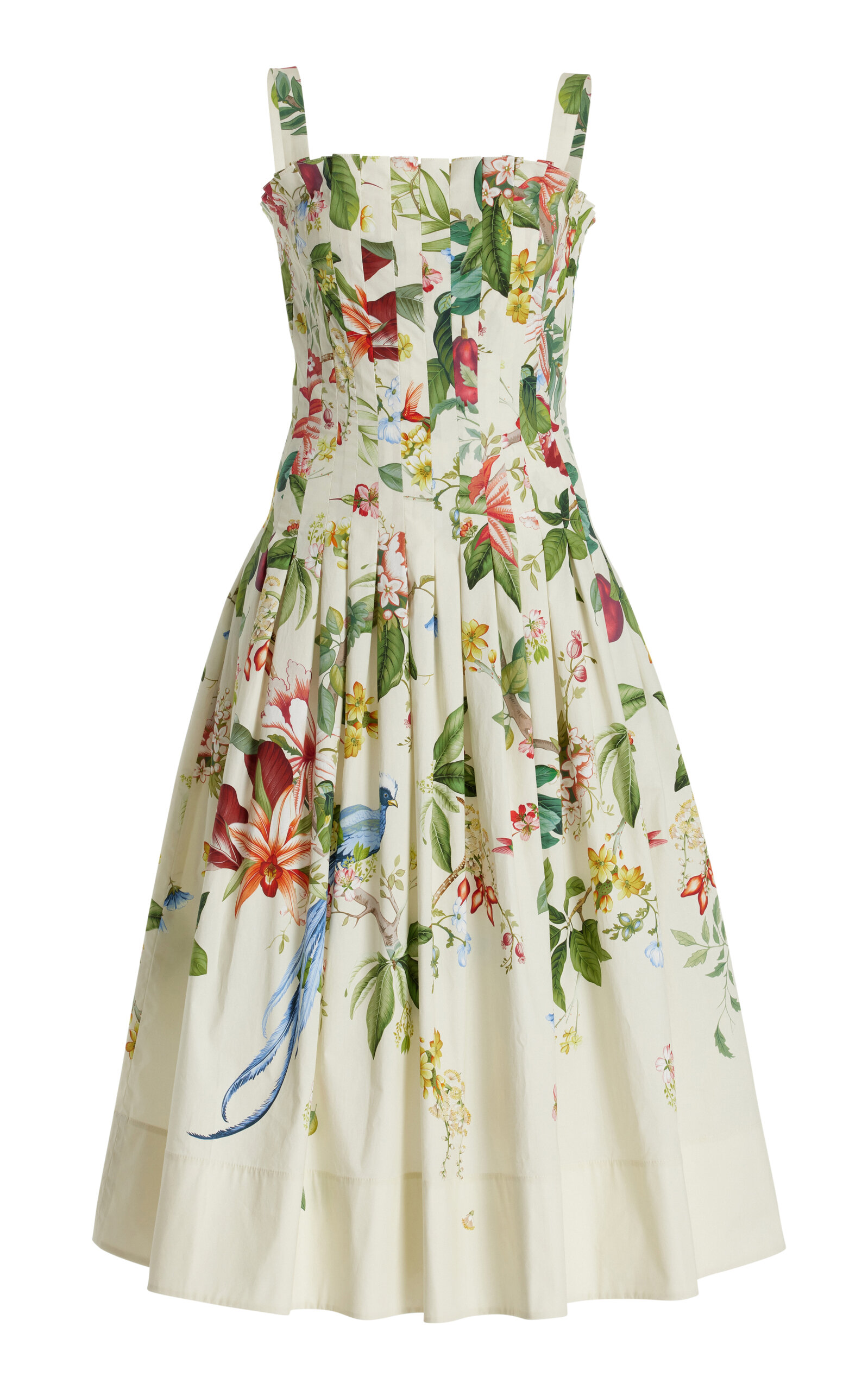 Oscar De La Renta Floral & Fauna Pleated Cotton Midi Dress In White