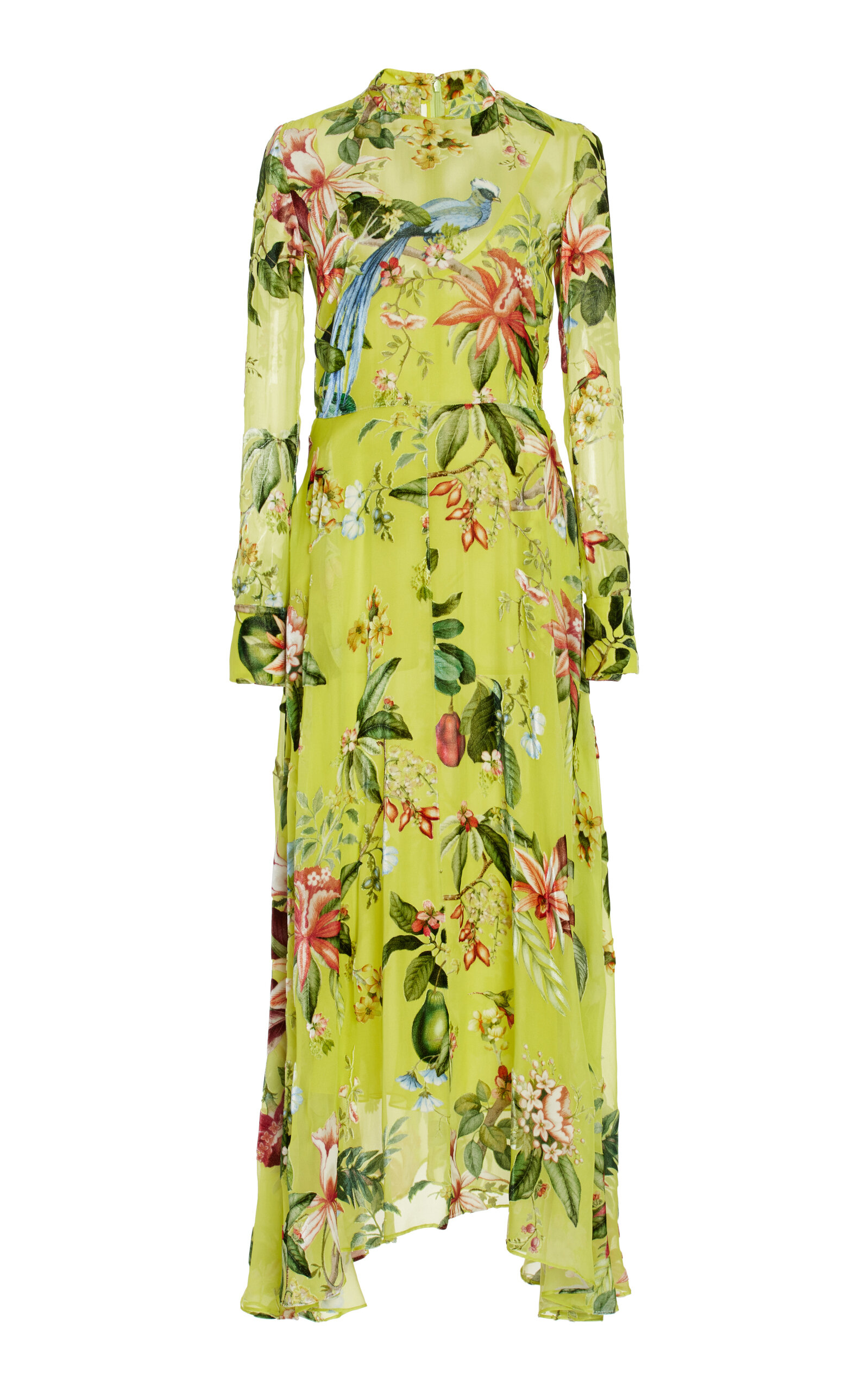 Oscar De La Renta Floral & Fauna Draped Chiffon Midi Dress In Yellow