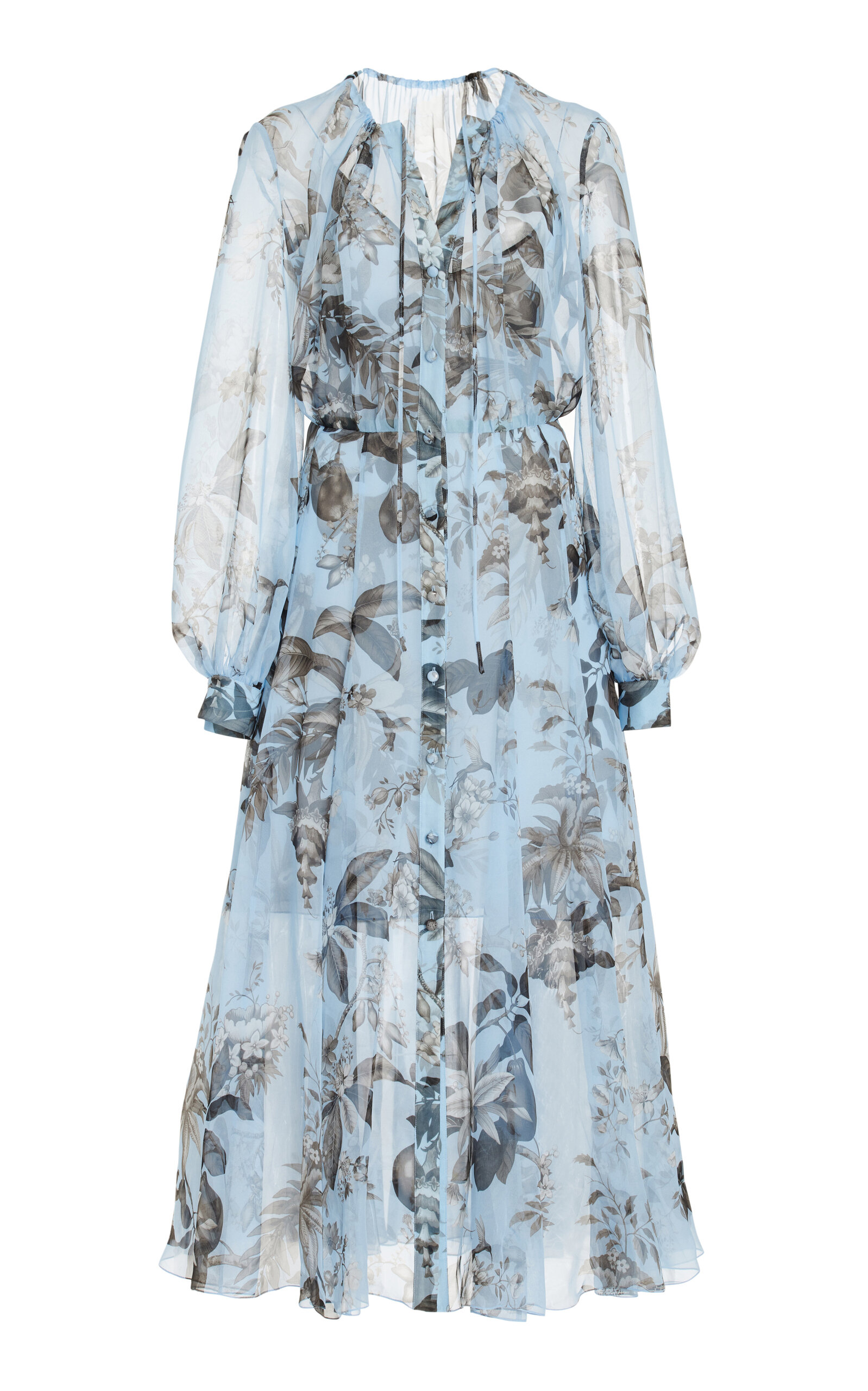 Oscar De La Renta Floral & Fauna Silk Chiffon Midi Dress In Light Blue