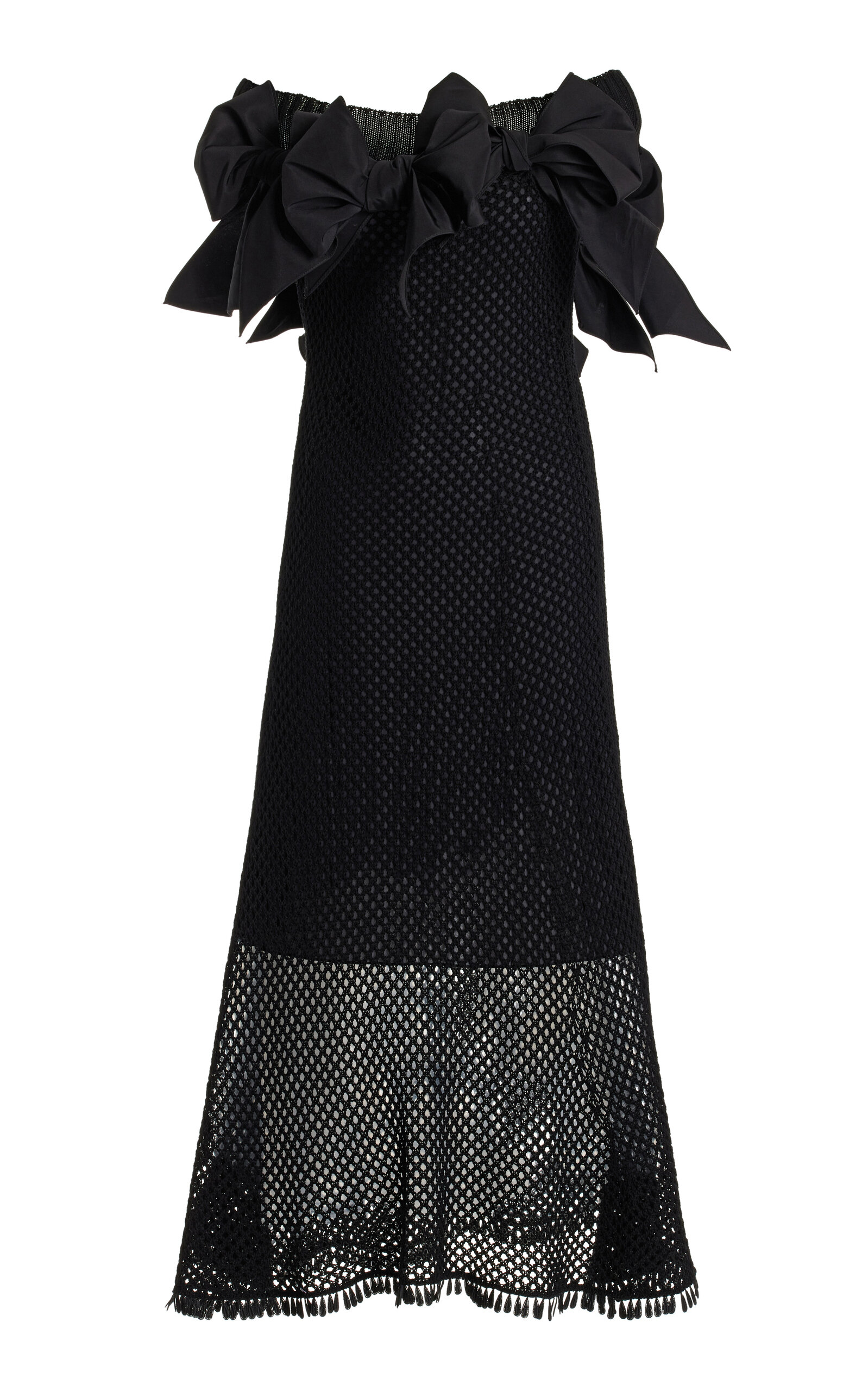 Oscar De La Renta Bow-detailed Off-the-shoulder Knit Cotton Midi Dress In Black