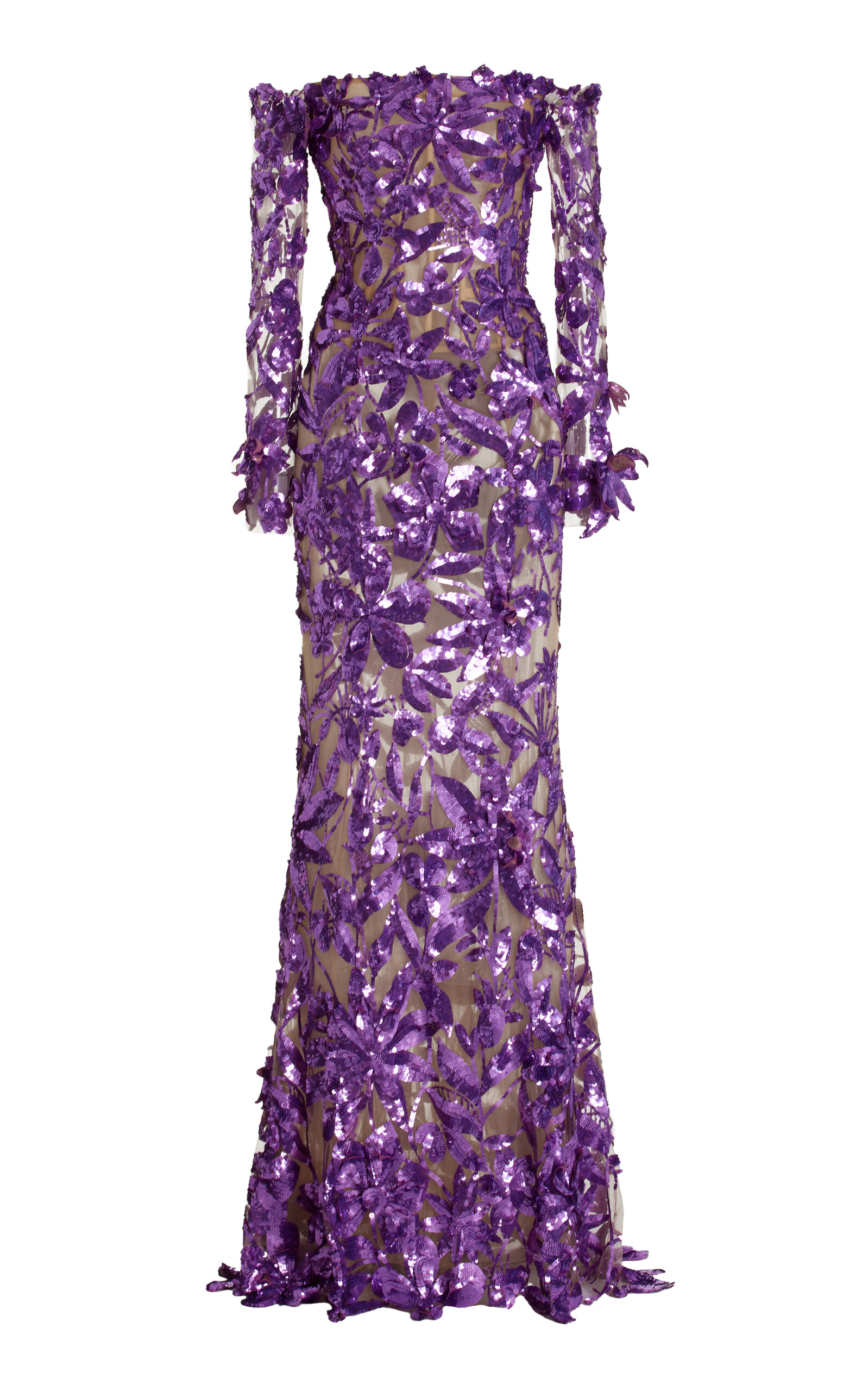 Oscar De La Renta Sequined Off-the-shoulder Gown In Purple
