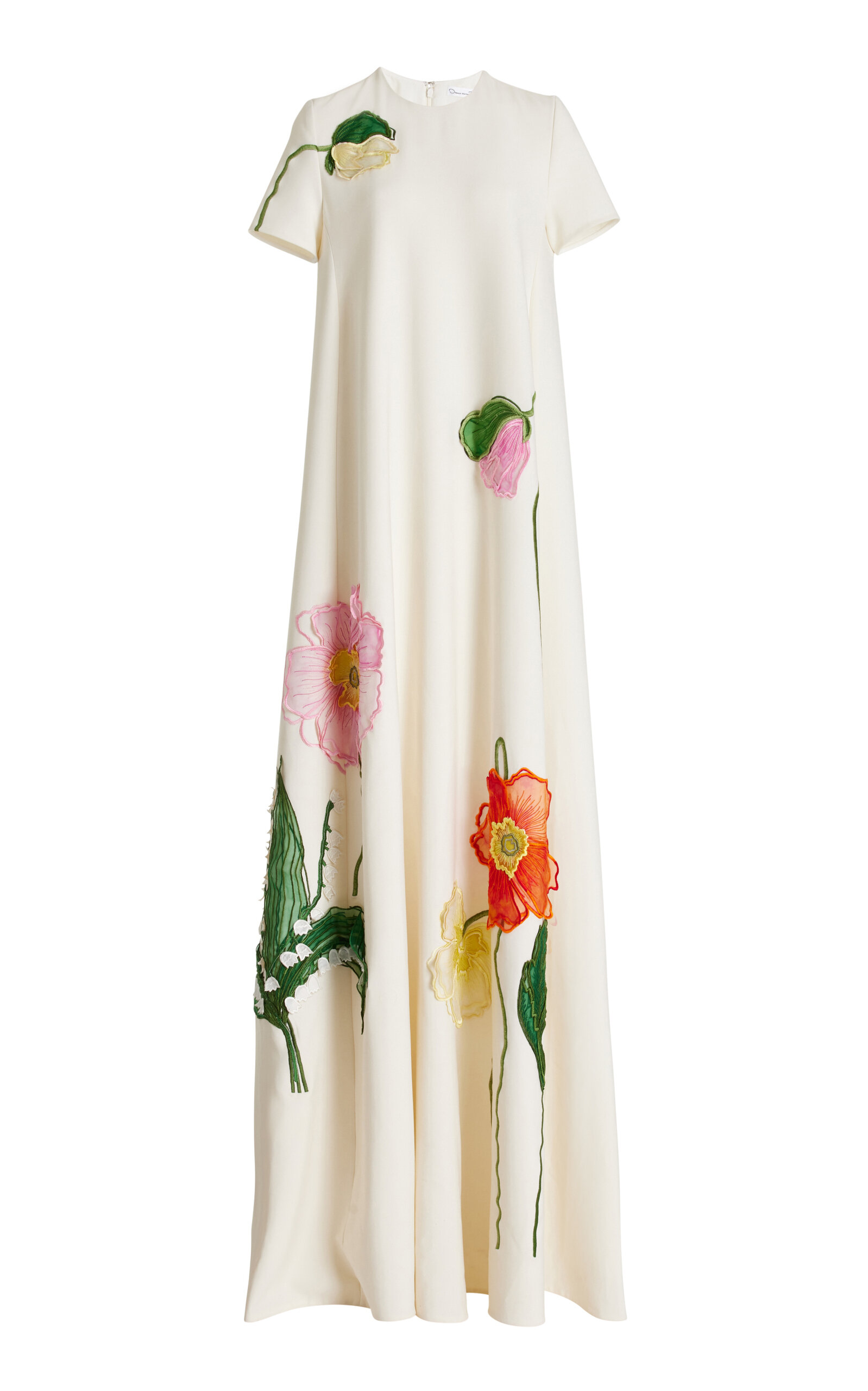 Oscar De La Renta Embroidered Floral Wool-blend Gown In Ivory