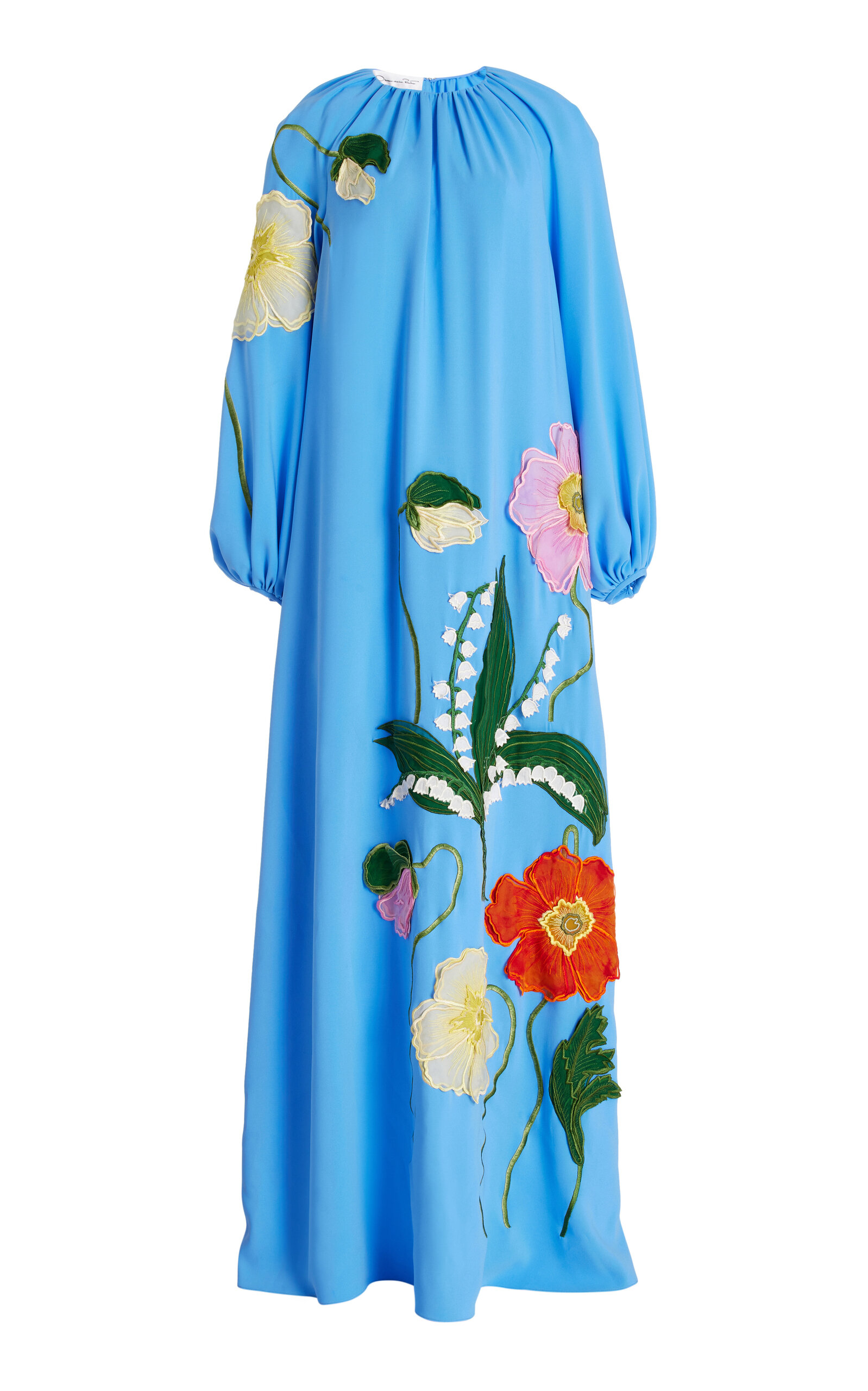 Shop Oscar De La Renta Oversized Embroidered Silk Maxi Dress In Blue