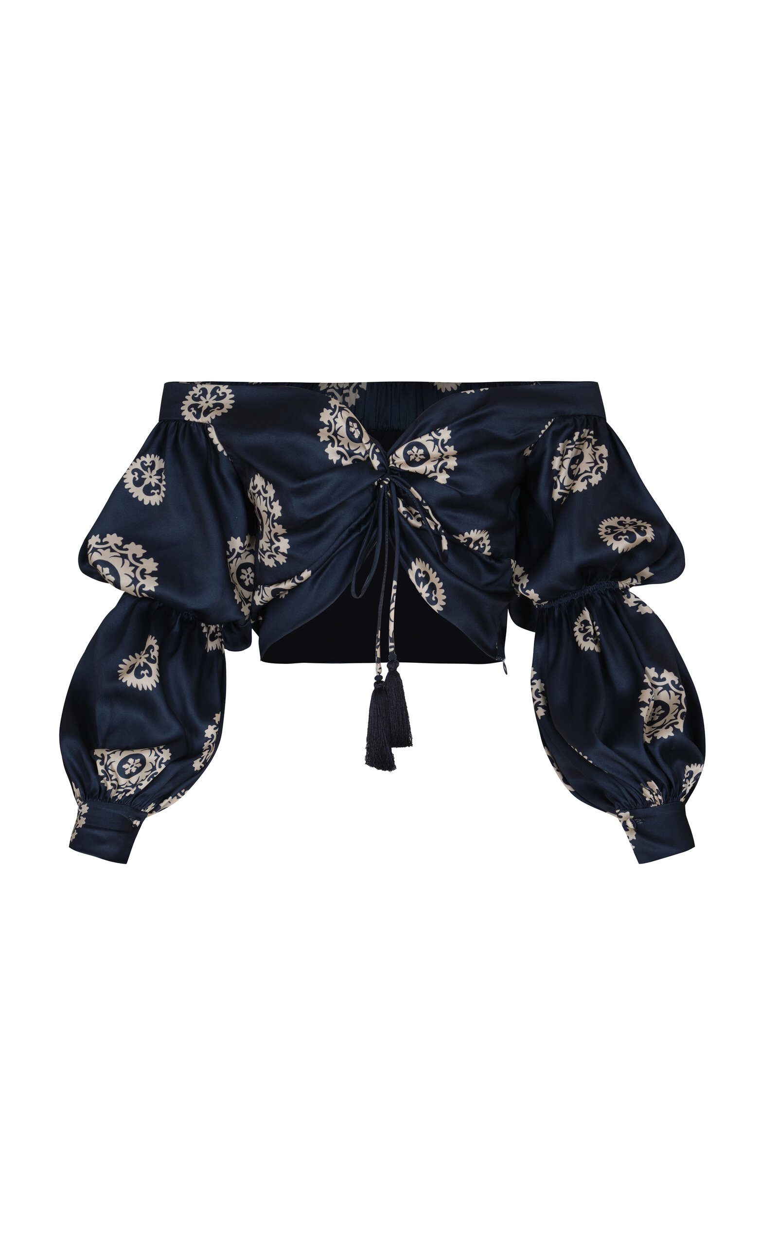 Andres Otalora Zinu Gathered Puff-sleeve Crop Top In Navy