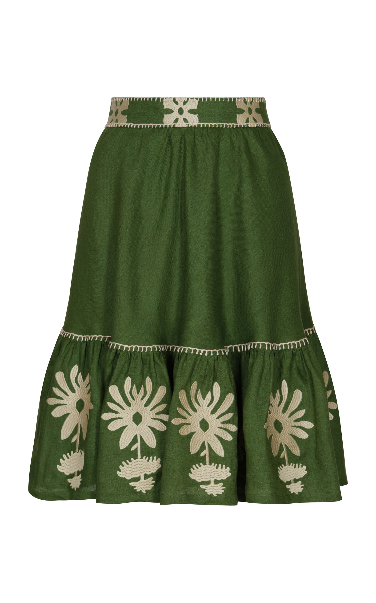 Andres Otalora Mulata Embroidered Linen Midi Skirt In Olive