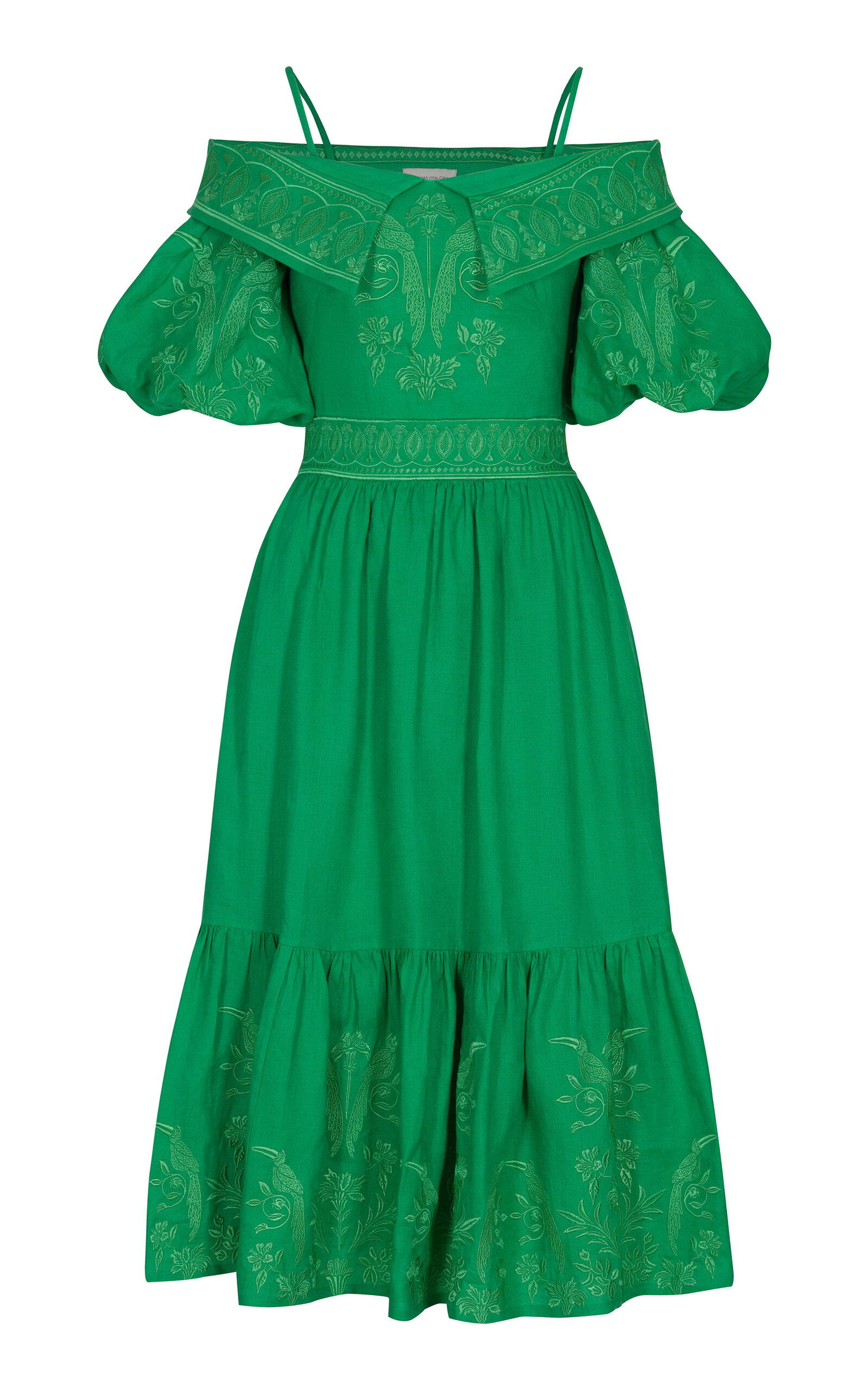 Andres Otalora Palma De Cera Embroidered Linen Midi Dress In Green