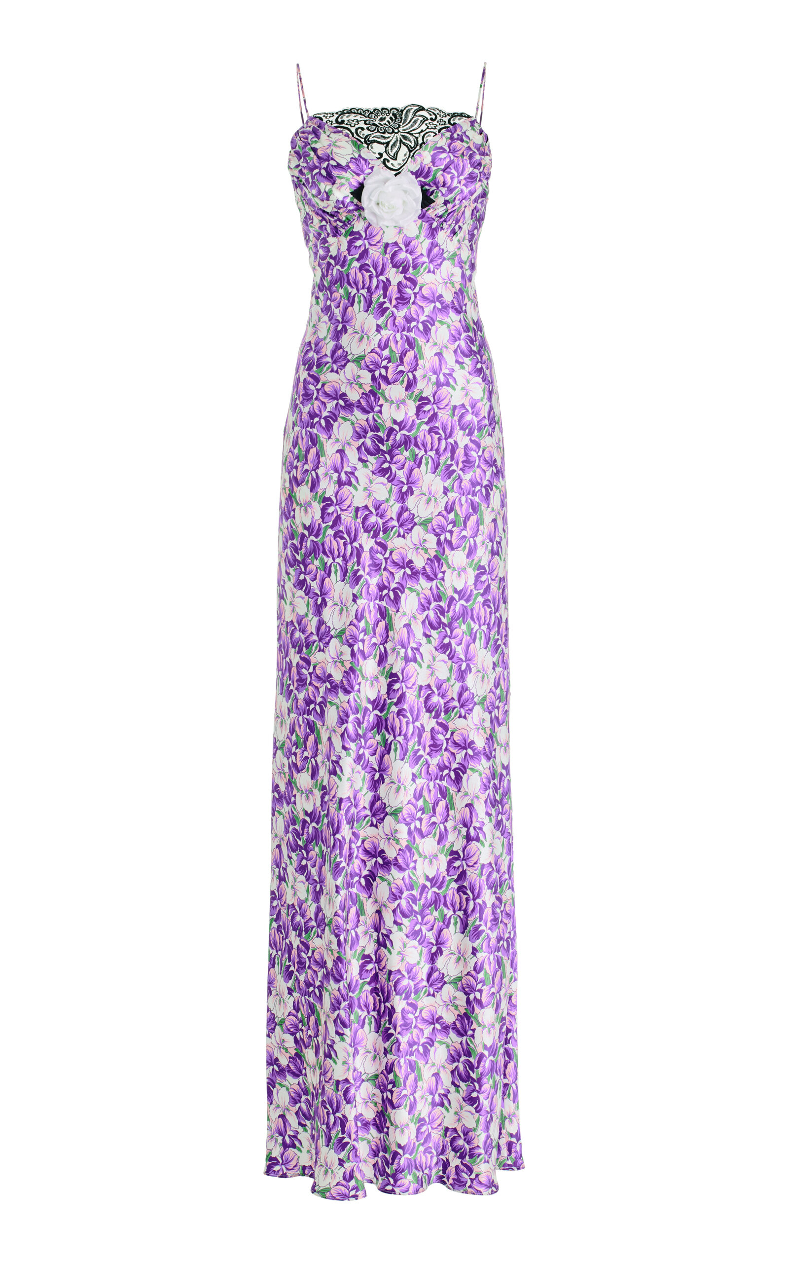 Rodarte Lace-trimmed Ruched Silk Satin Midi Dress In Purple