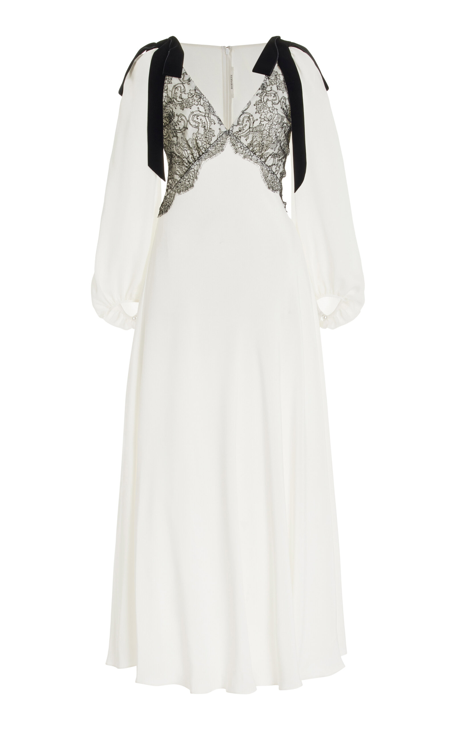 RODARTE RIBBON-DETAILED CHANTILLY LACE SILK CREPE MAXI DRESS