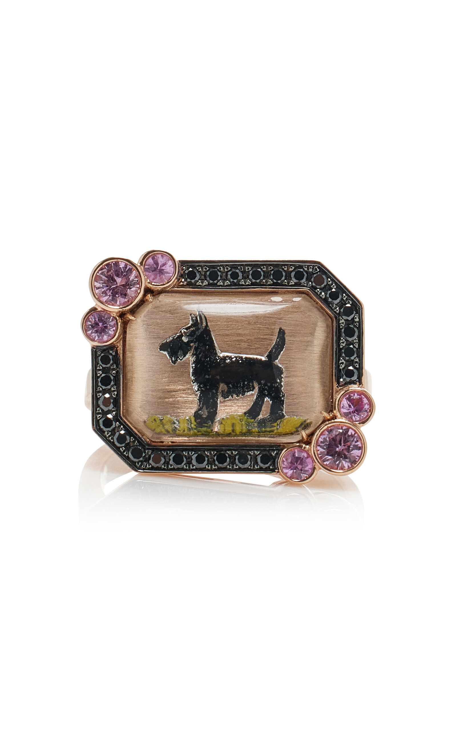 18K Yellow Gold Black Diamond and Pink Sapphire Fashion Dog Ring