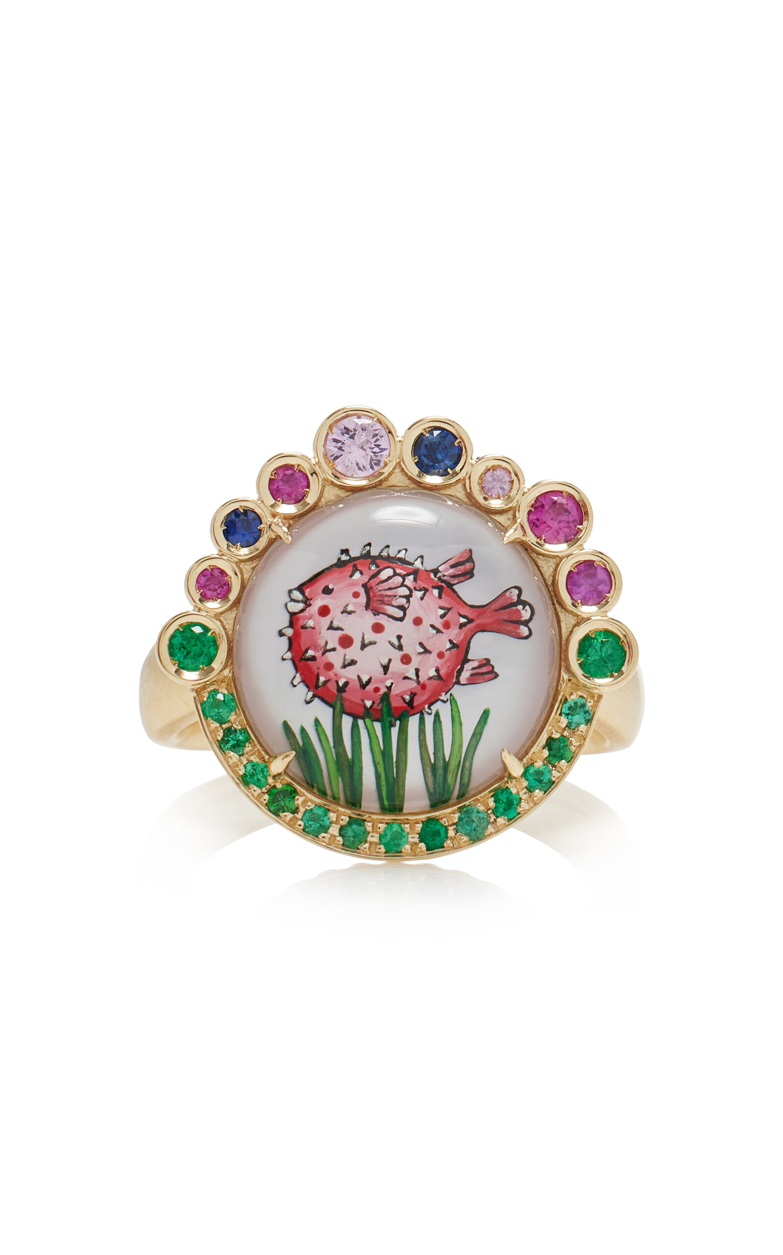 18K Yellow Gold Emerald Pink and Blue Sapphire Puffer Fish Ring