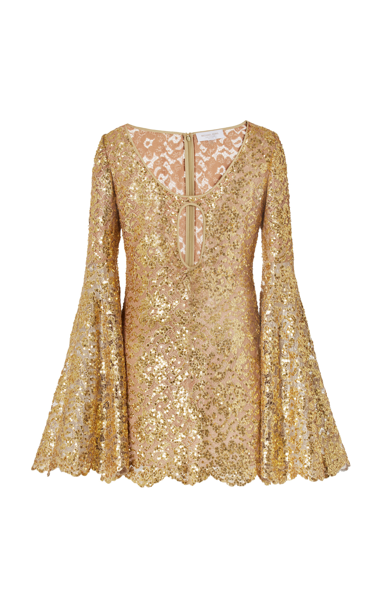 Michael Kors Sequined Cutout Lace Mini Dress In Gold