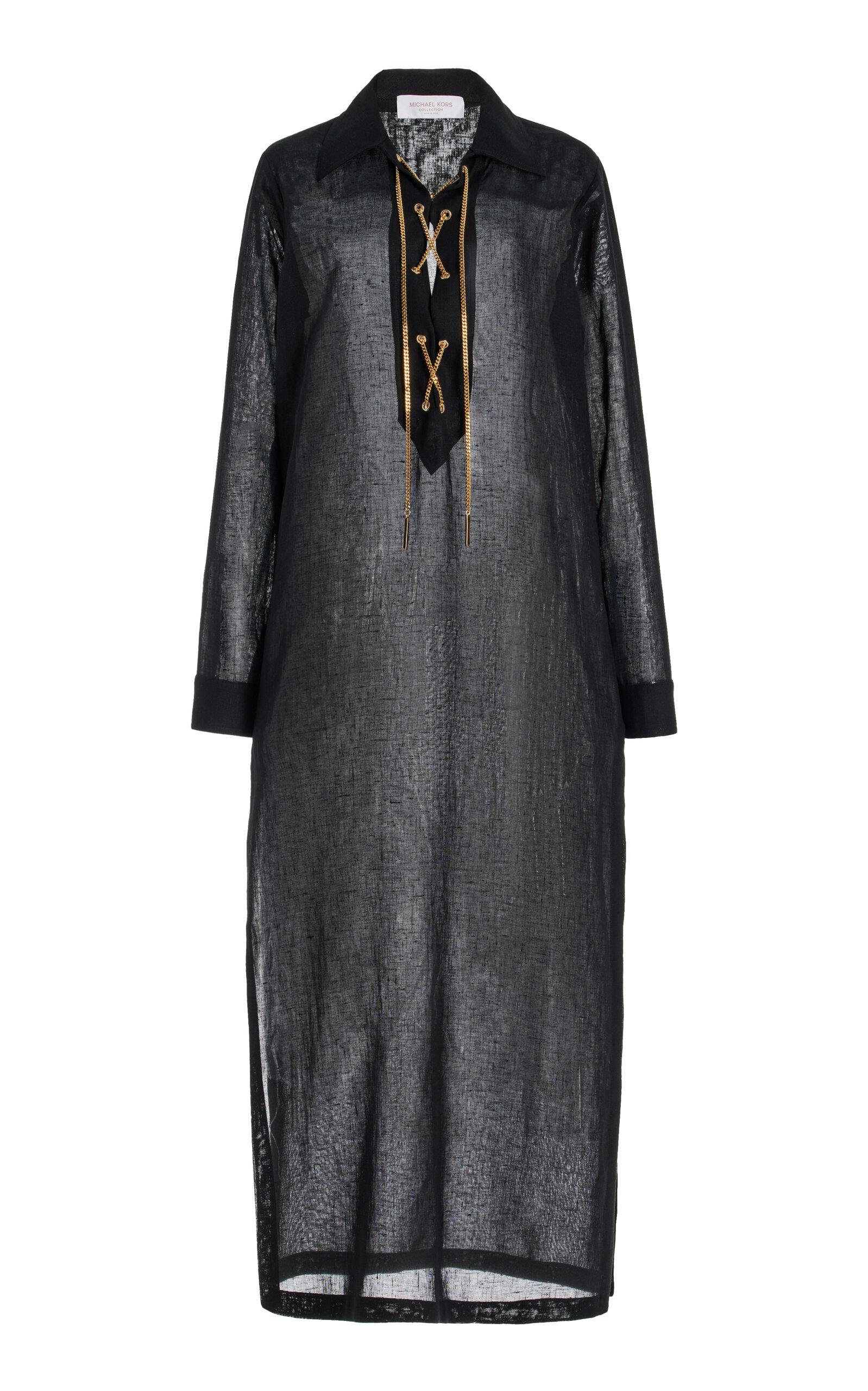 Shop Michael Kors Lace-up Sheer Linen Tunic Maxi Dress In Black