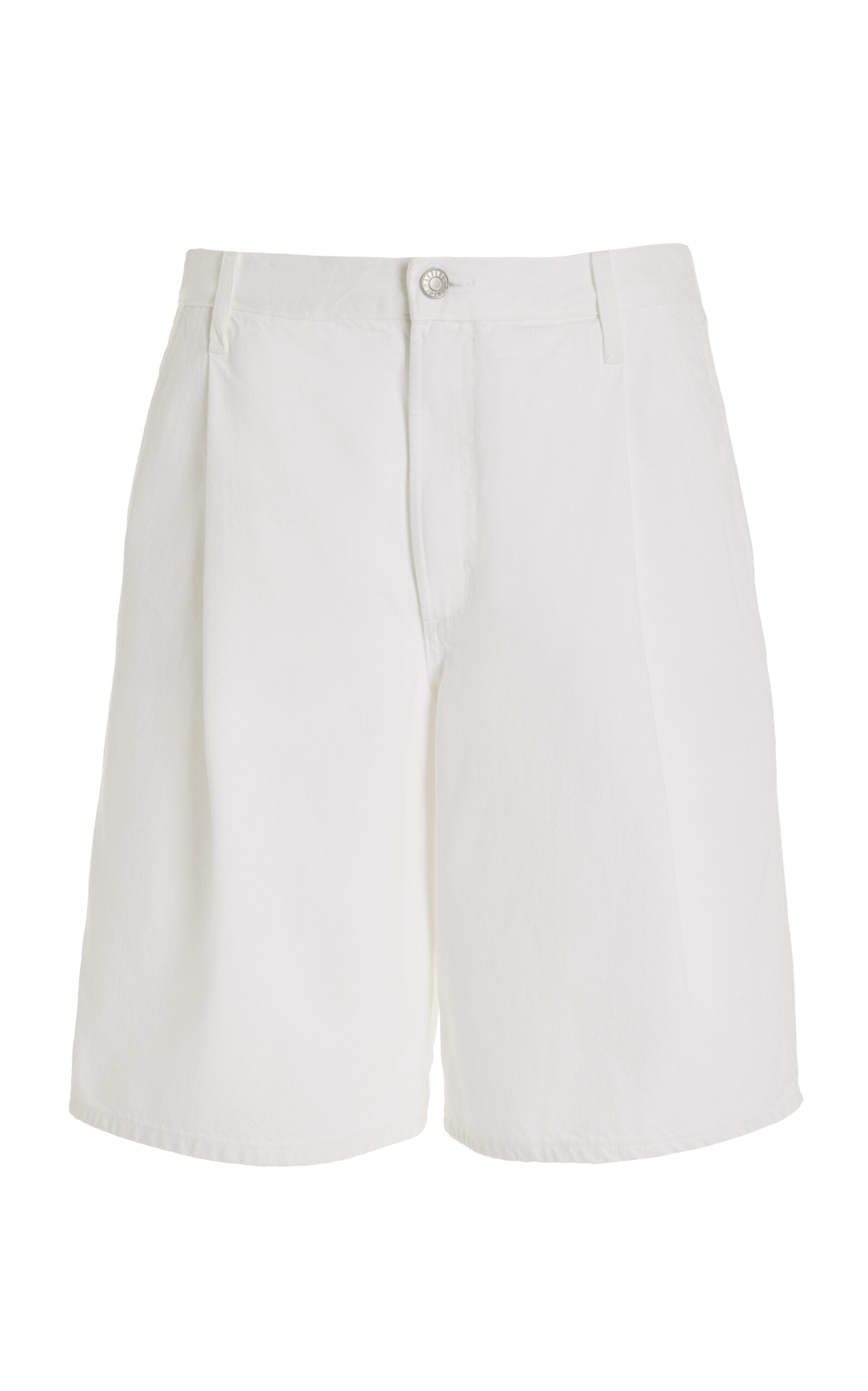 Shop Agolde Ellis Pleated Organic Cotton Denim Shorts In White