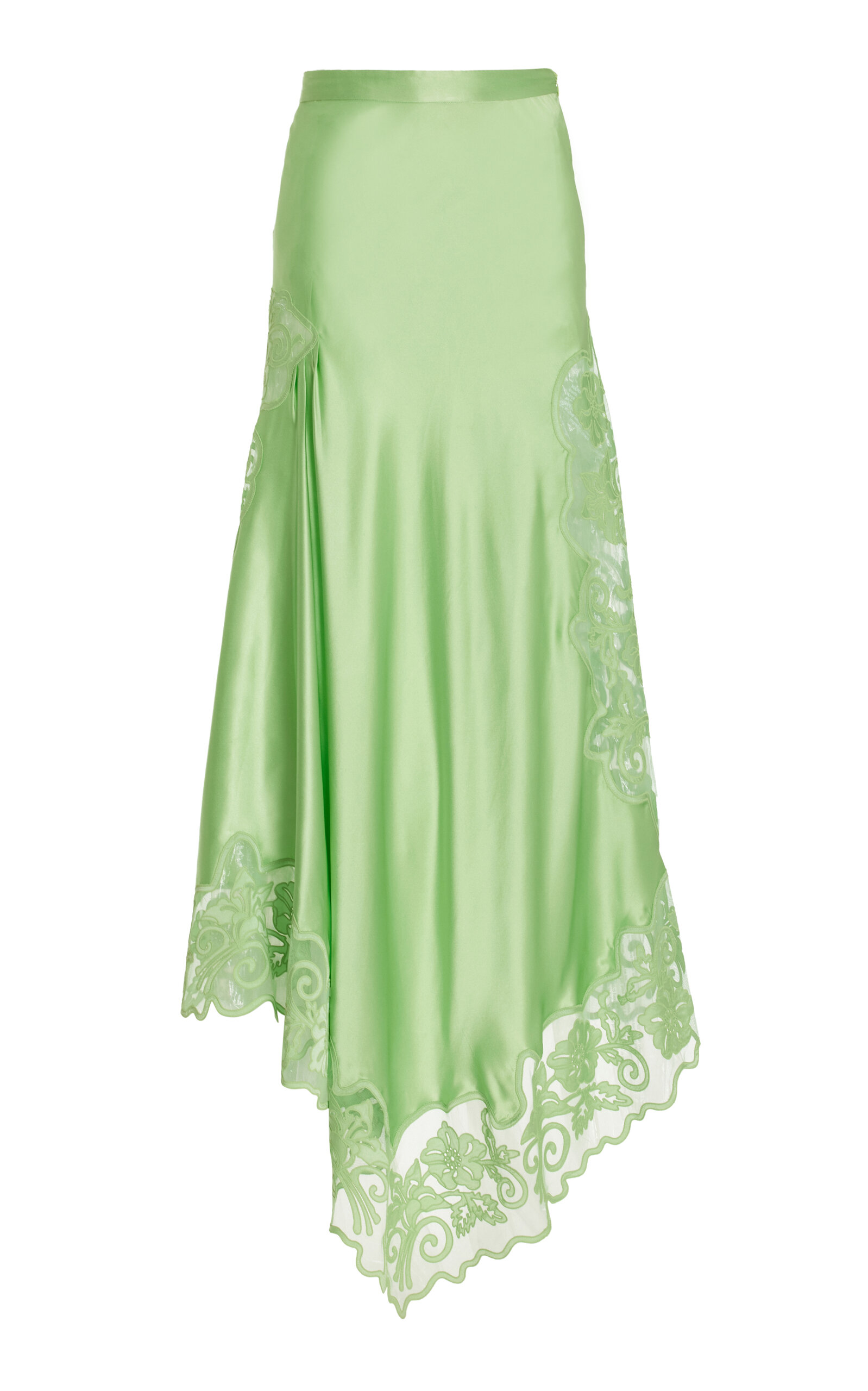 Shop Ulla Johnson Cressida Lace-trimmed Silk Midi Skirt In Green