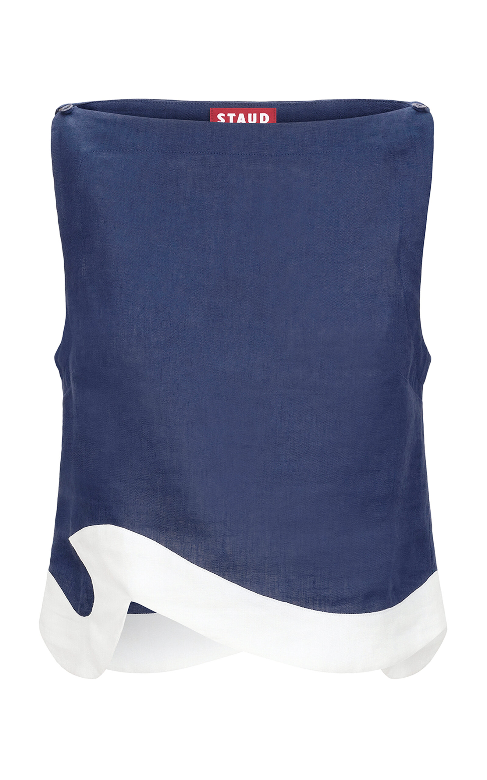 Shop Staud Raphael Curved Strapless Linen Top In Navy