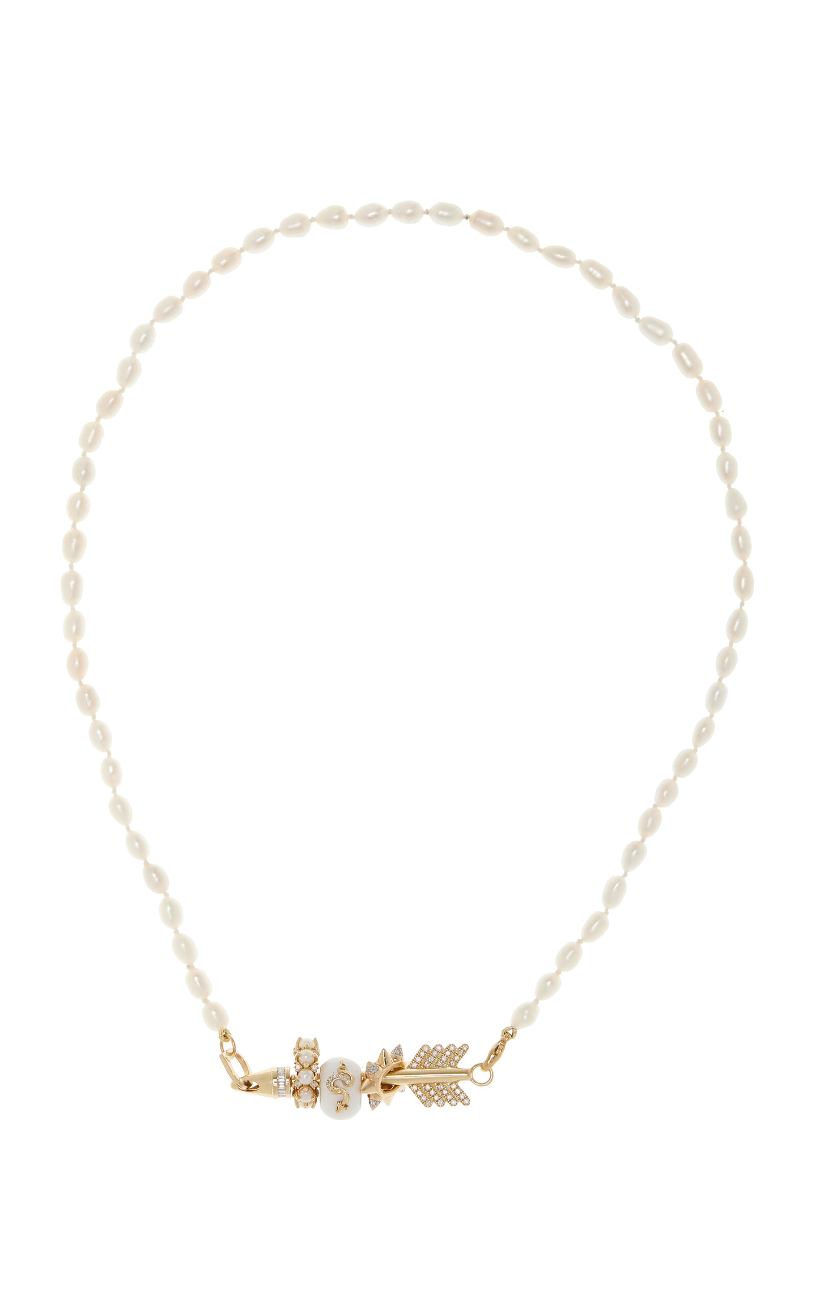 Adina Reyter Moda Exclusive 14k Yellow Gold Diamond And Pearl Dragon And Arrow Necklace