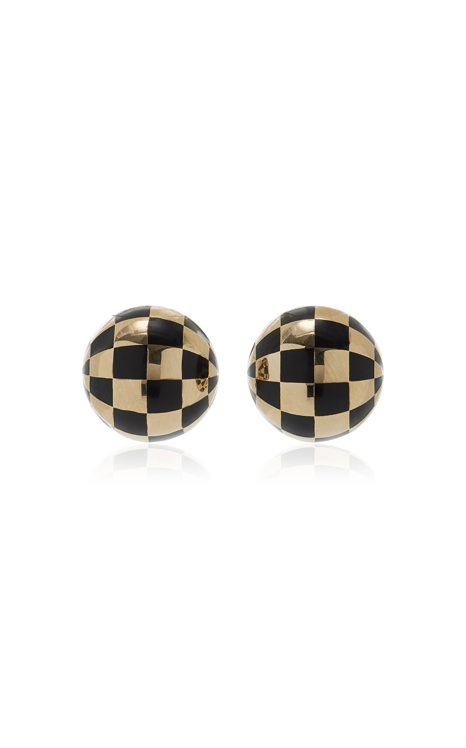 14k Yellow Gold Black Enamel Checkered Ball Button Earrings