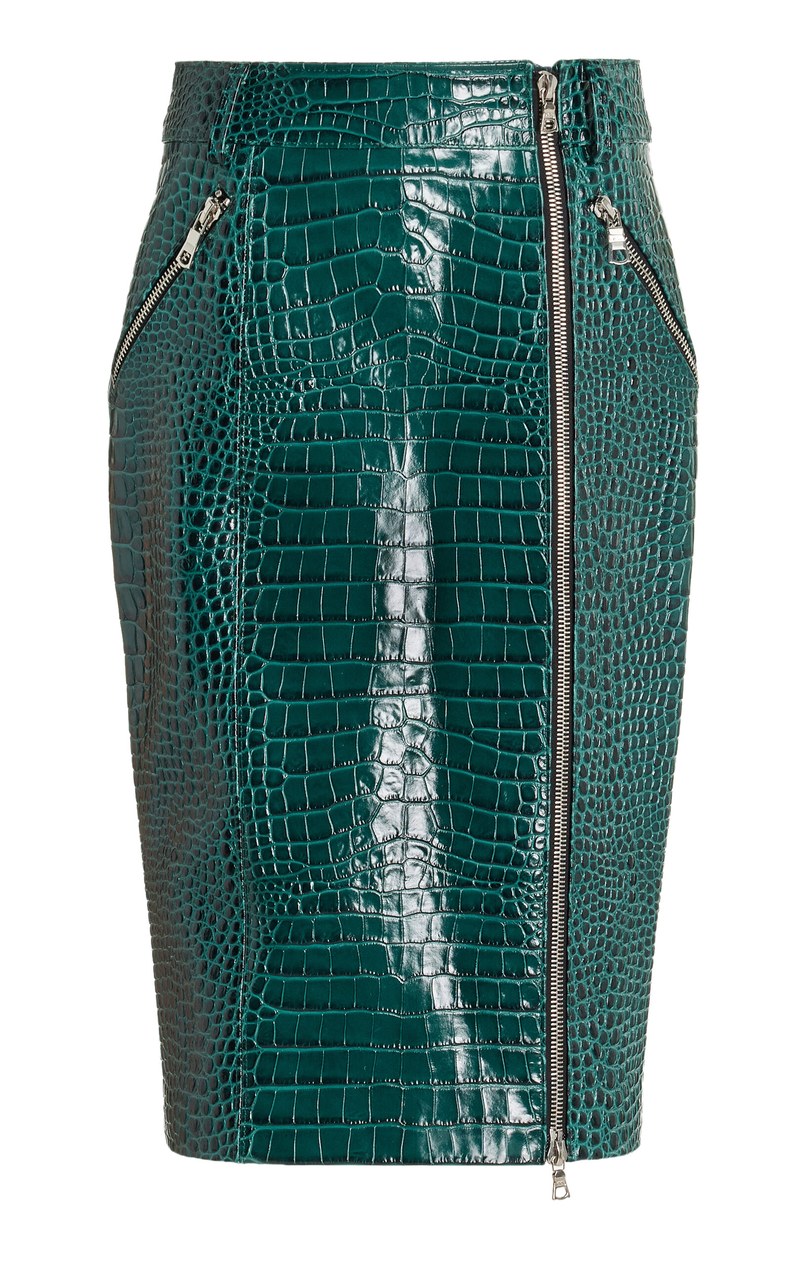 Croc-Embossed Leather Midi Skirt