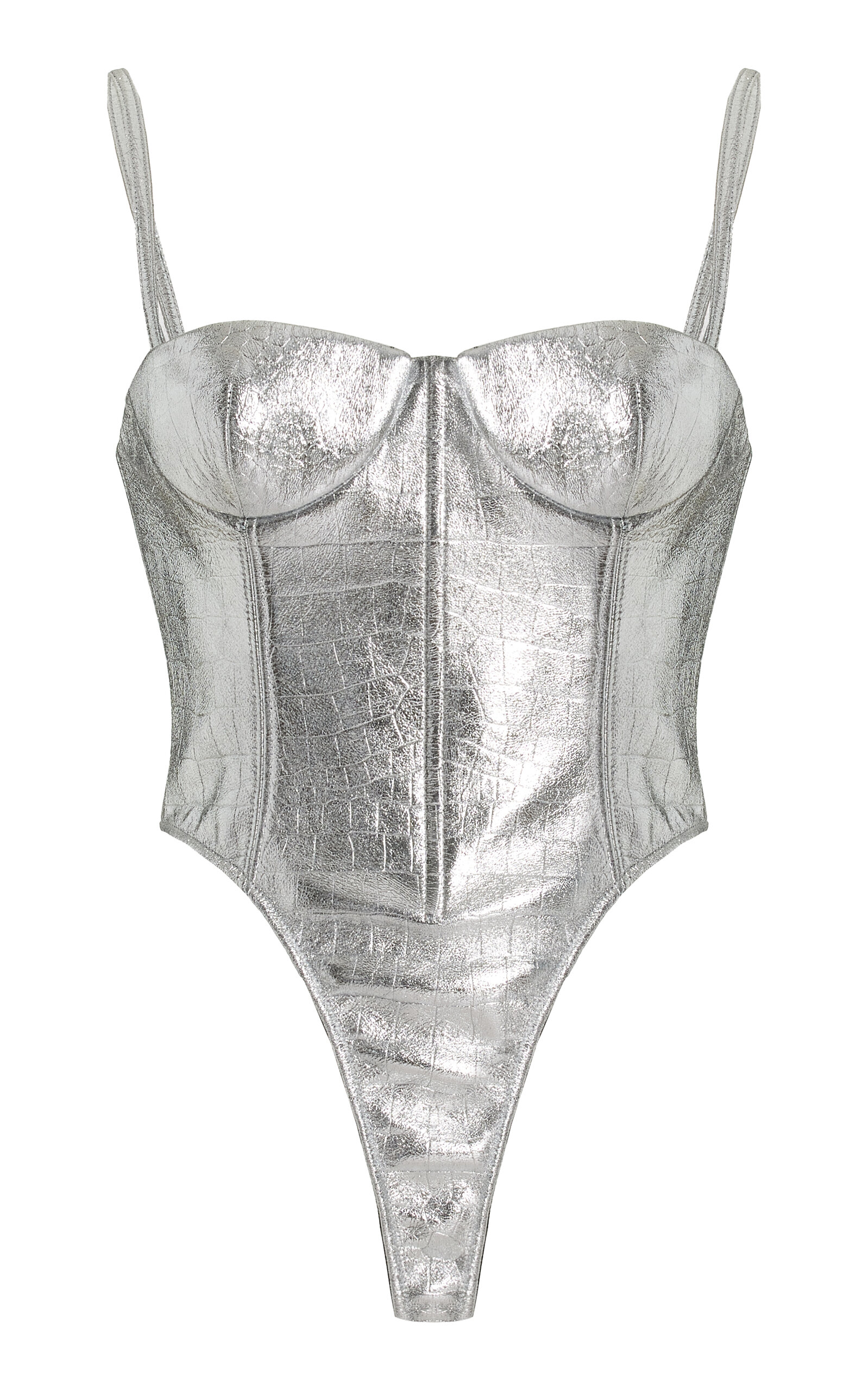 Laquan Smith Boning-detailed Metallic Bodysuit In Silver