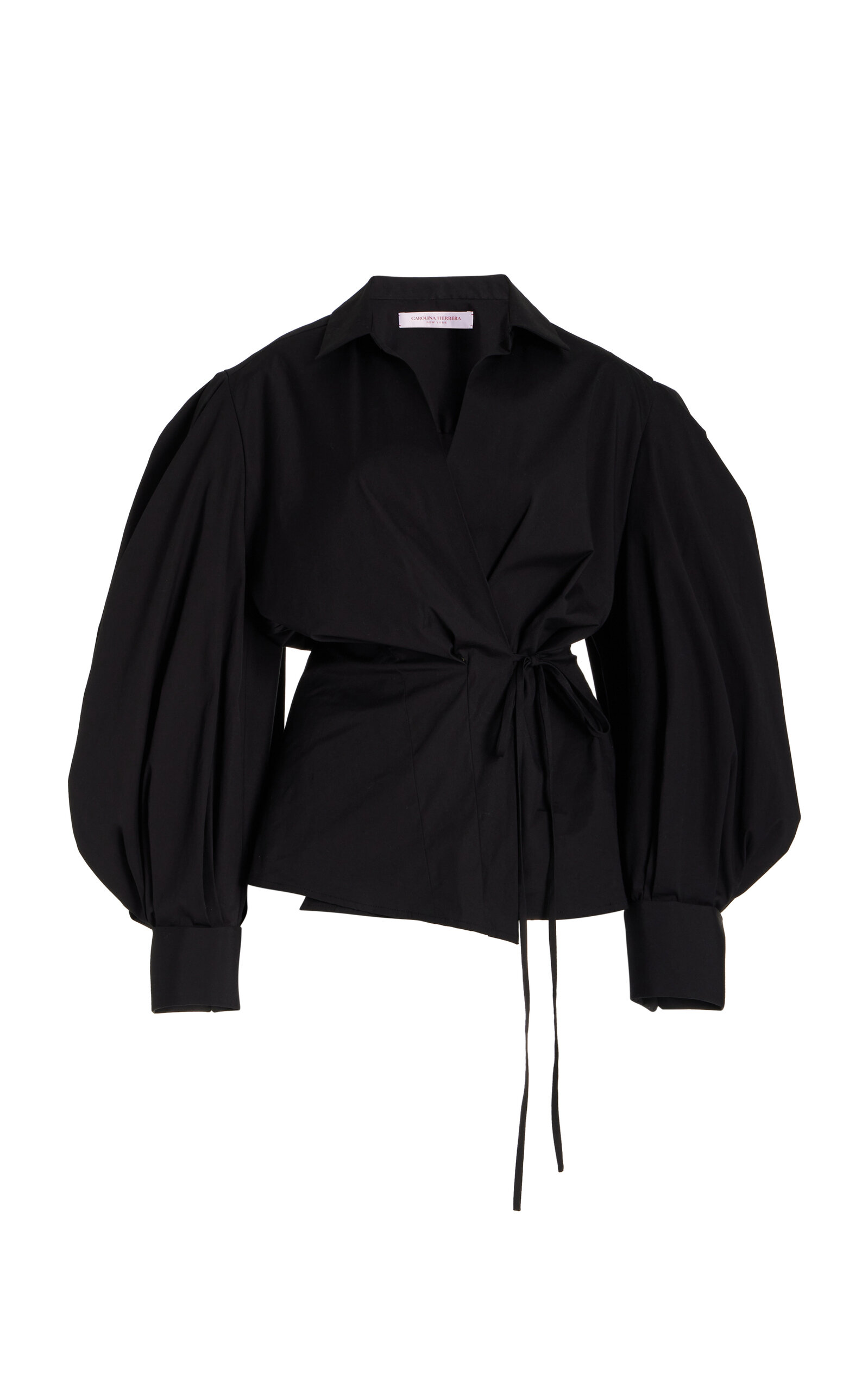 Carolina Herrera Puff-sleeve Cotton Wrap Top In Black