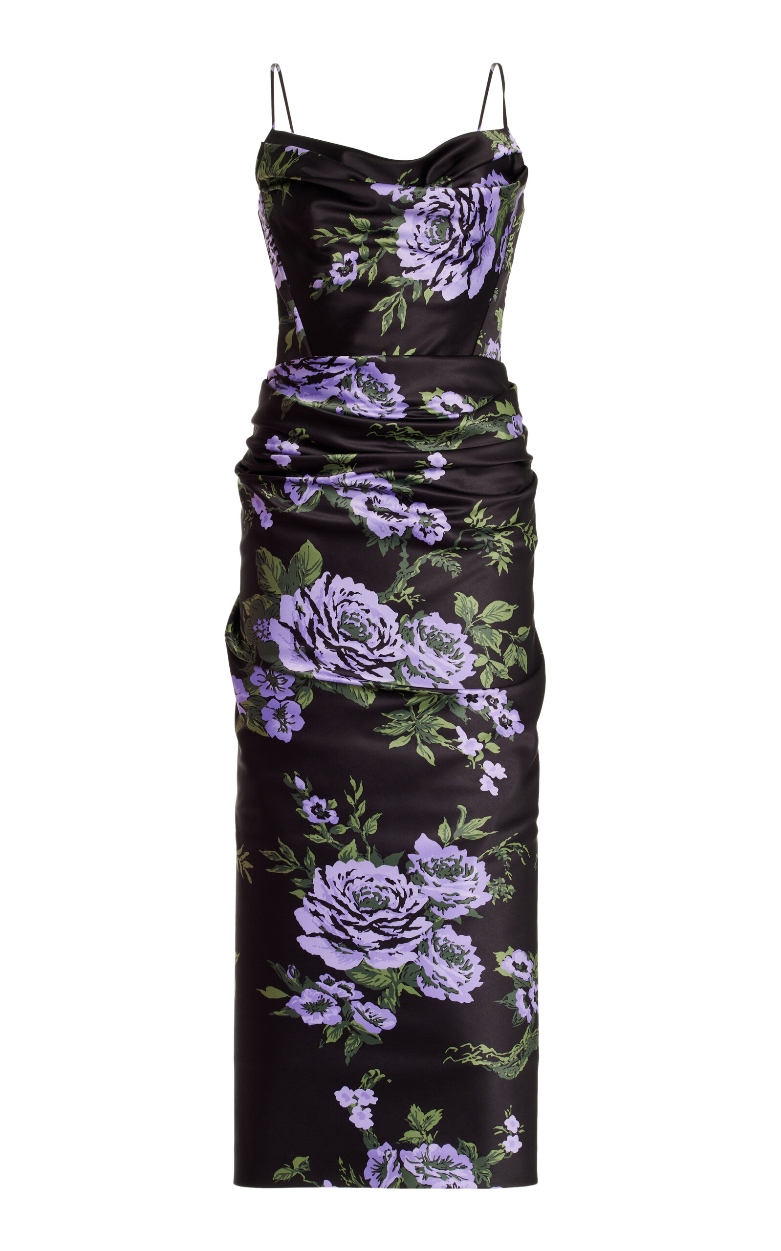 Carolina Herrera Draped Floral-print Satin Midi Dress In Multi