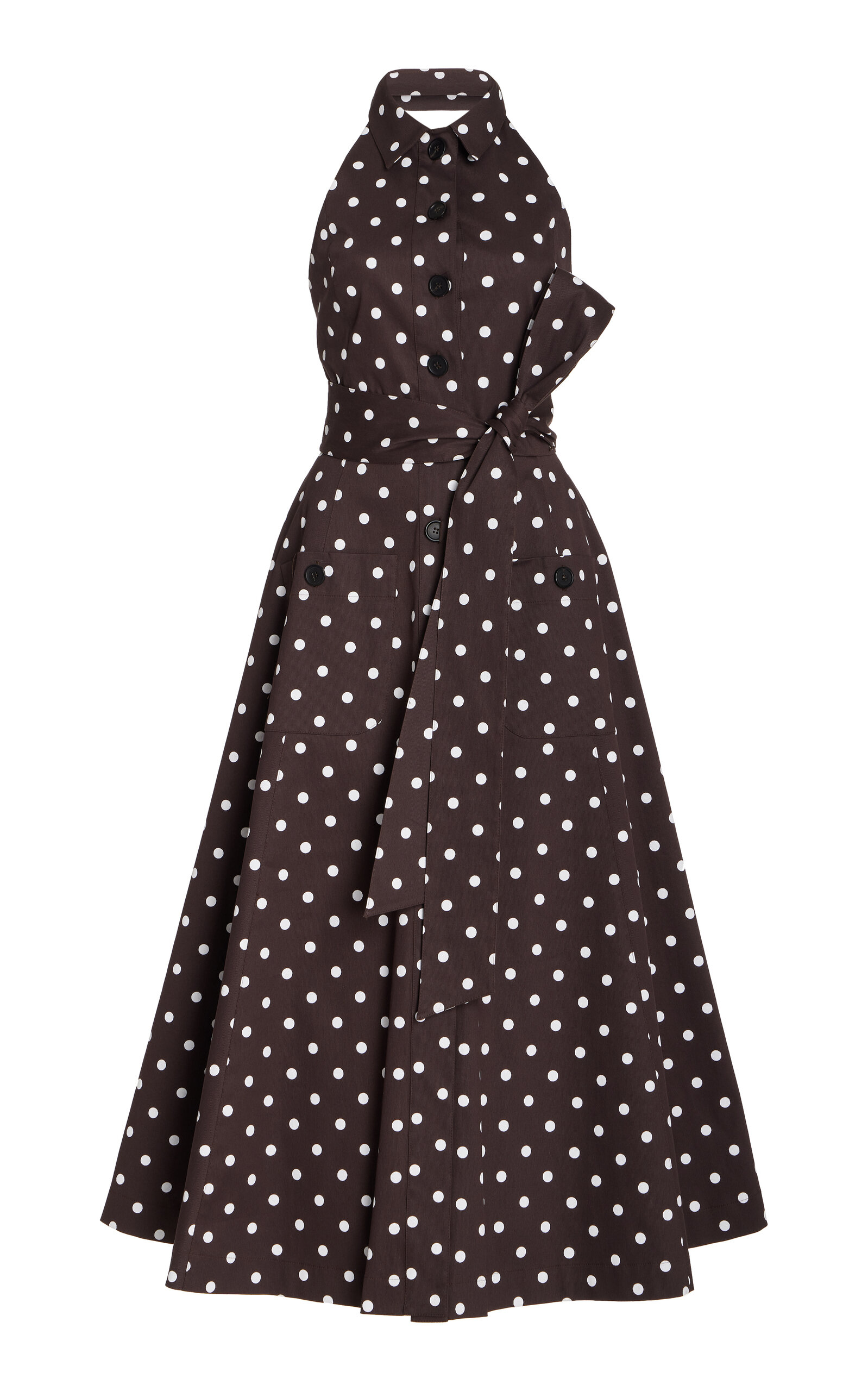Shop Carolina Herrera Polka-dotted Sleeveless Cotton Midi Dress In Brown