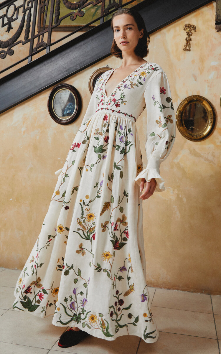 Agua by Agua Bendita Bosque Cultivo Embroidered Linen Maxi Dress