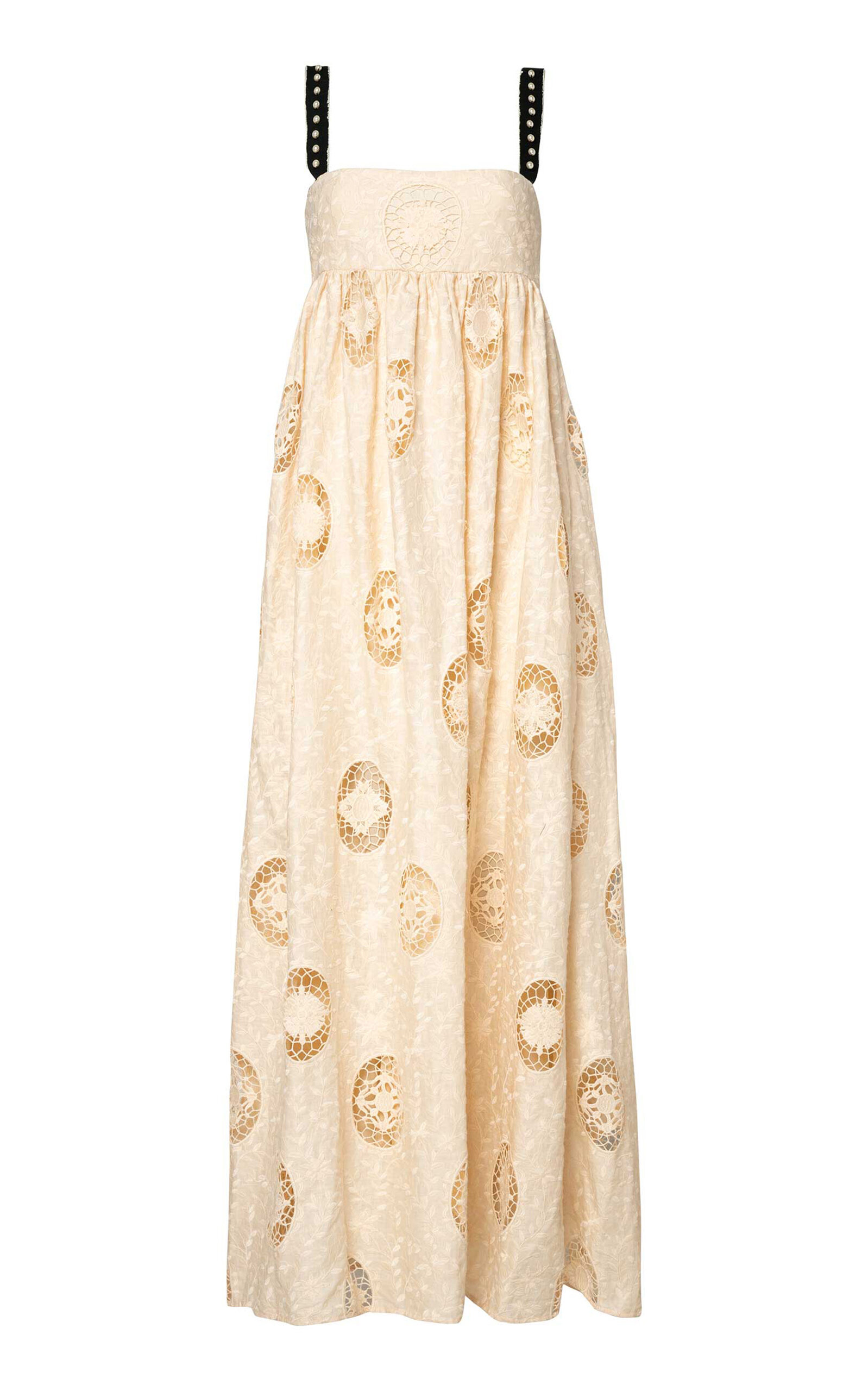 Shop Agua By Agua Bendita Verbena Platero Embroidered Linen Maxi Dress In Nude