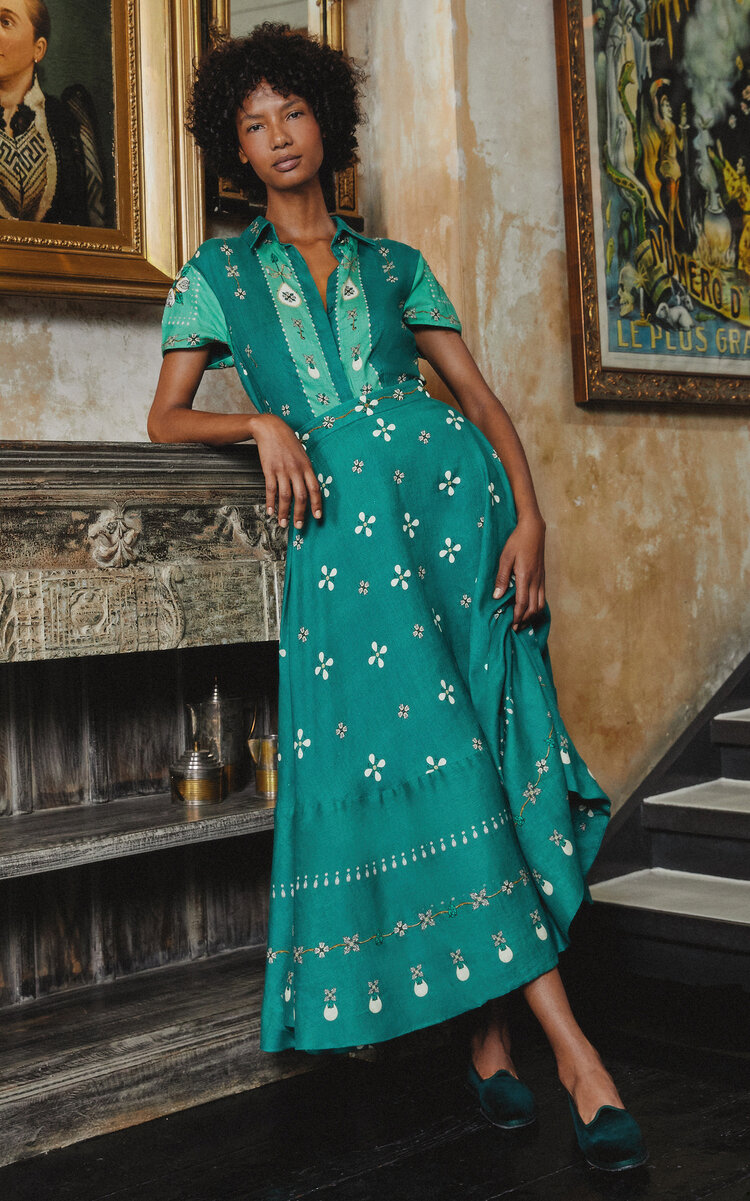 Agua by Agua Bendita Belmar Esmeralda Embroidered Linen Maxi Skirt