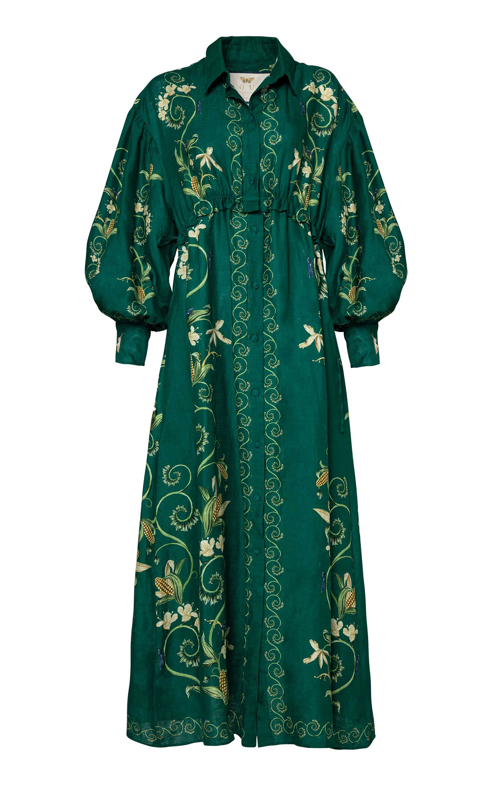 Agua by Agua Bendita Taos Esmeralda Printed Linen Maxi Shirt Dress