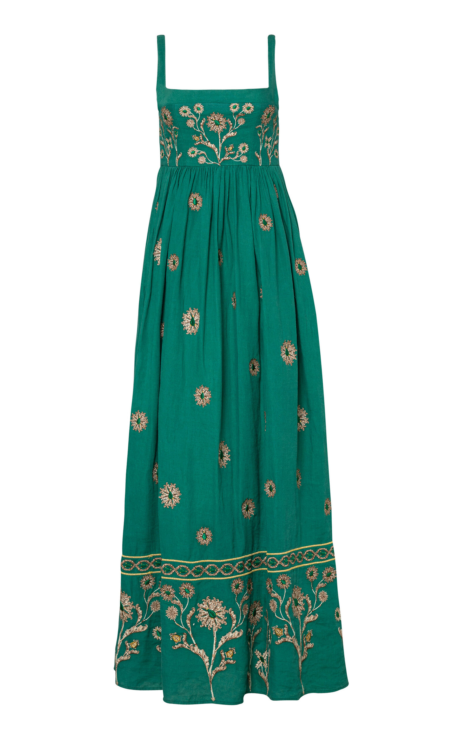 Agua By Agua Bendita Barbara Esmeralda Embroidered Linen Maxi Dress In Green