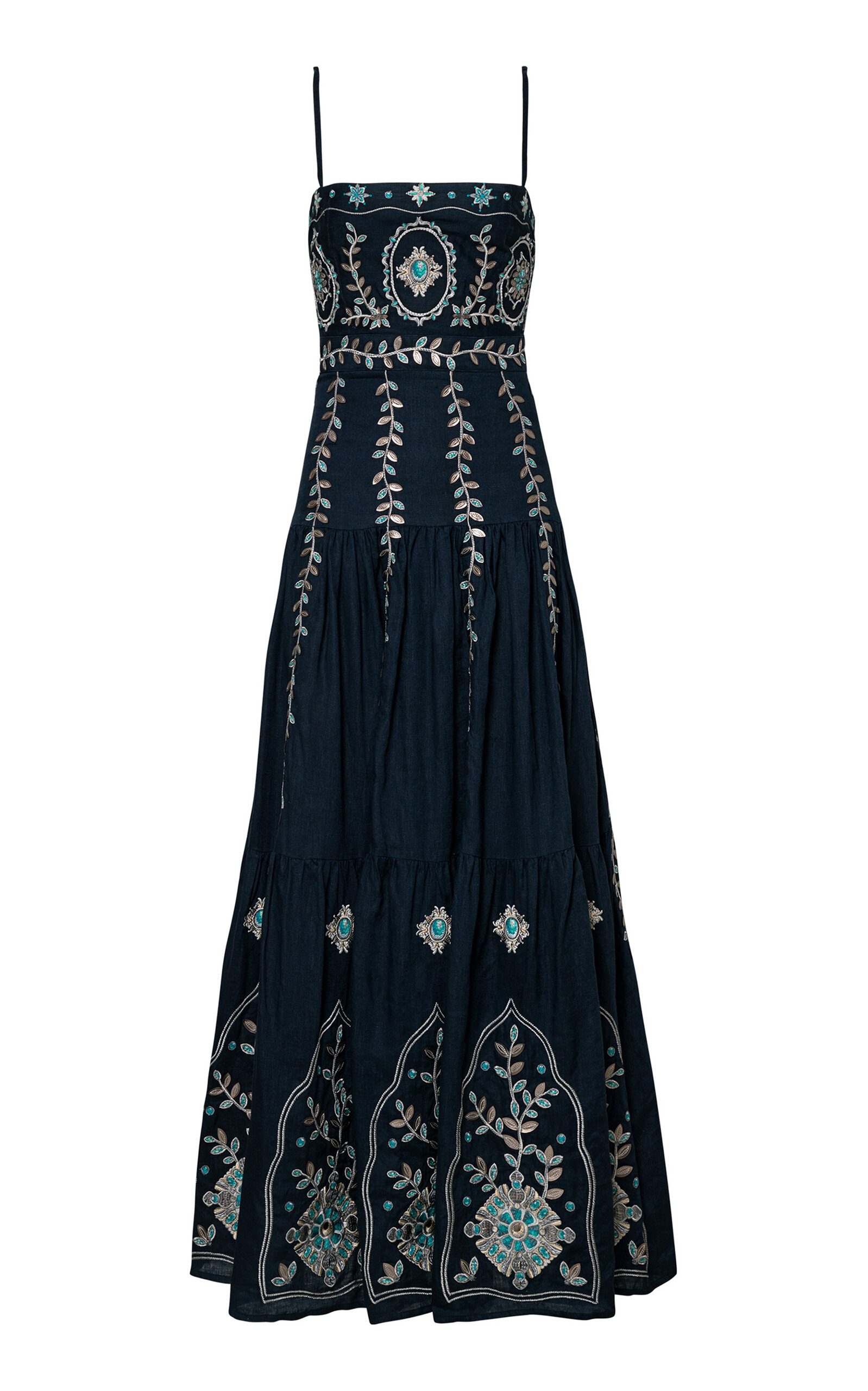 Agua By Agua Bendita Lima Relicario Embroidered Linen Maxi Dress In Navy