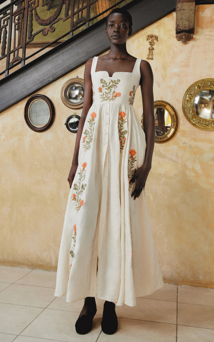 Agua by Agua Bendita Jaspe Cultivo Embroidered Linen Maxi Dress