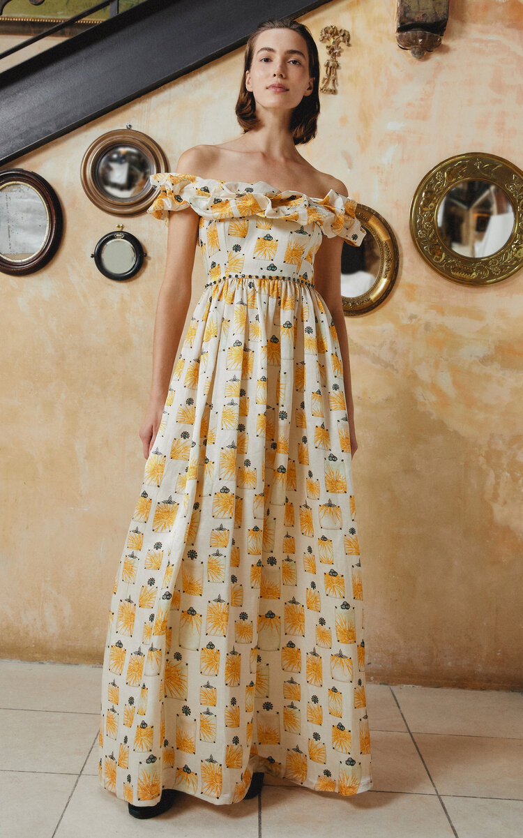 Agua by Agua Bendita Espeglio Bisuteria Off-The-Shoulder Linen-Silk Maxi Dress