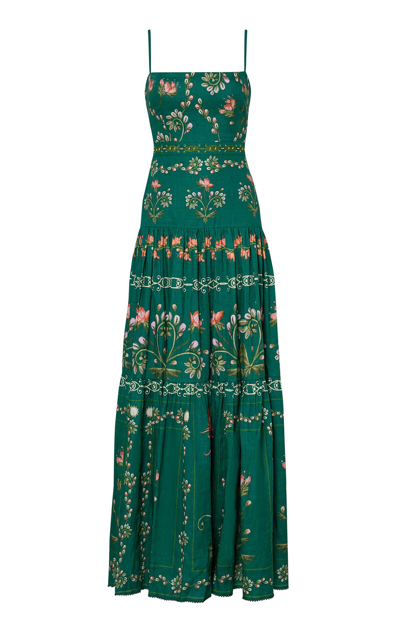 Shop Agua By Agua Bendita Lima Esmeralda Embroidered Linen Maxi Dress In Green