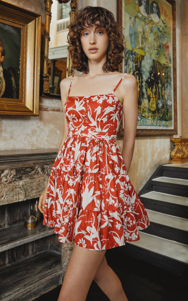 Agua Bendita Dress Lima Maiz Red Floral Linen Mini Size L