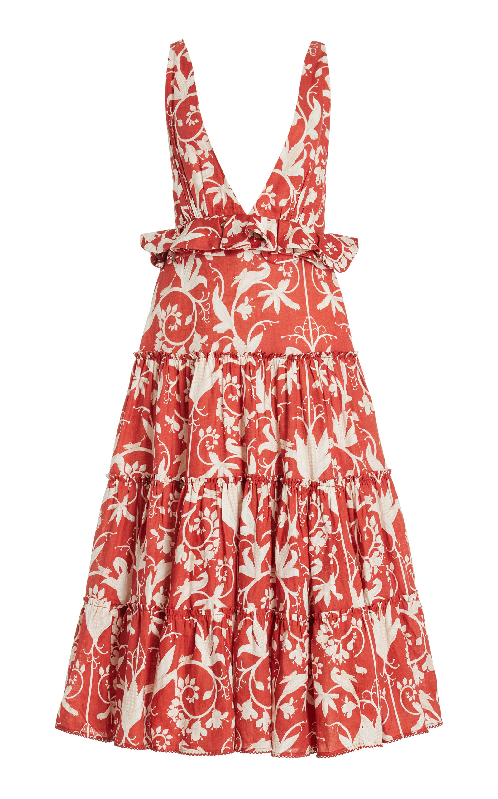 Shop Agua By Agua Bendita Lago Maiz Tiered Linen Midi Dress In Red