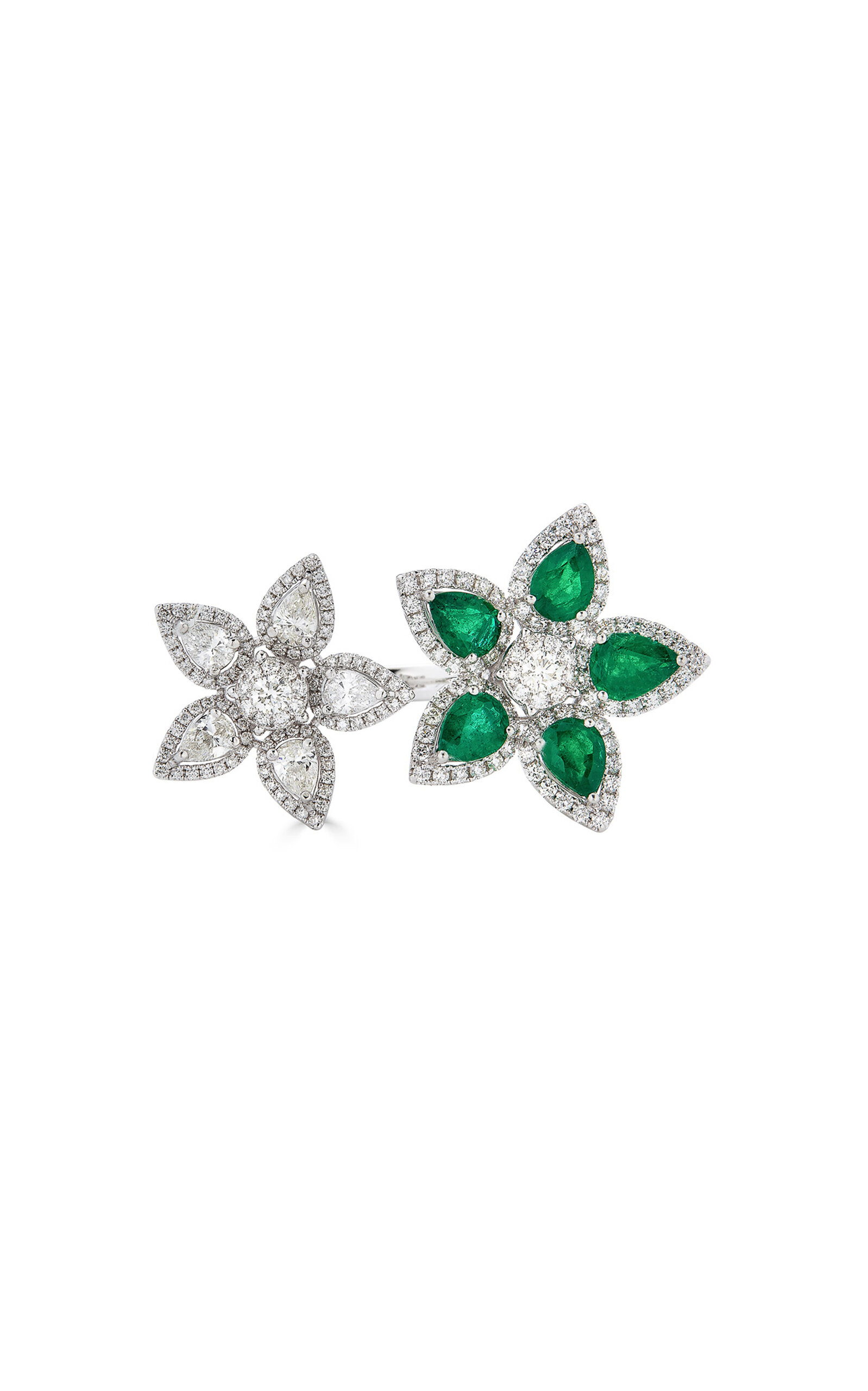 Double Flower 18k White Gold Emerald; Diamond Ring
