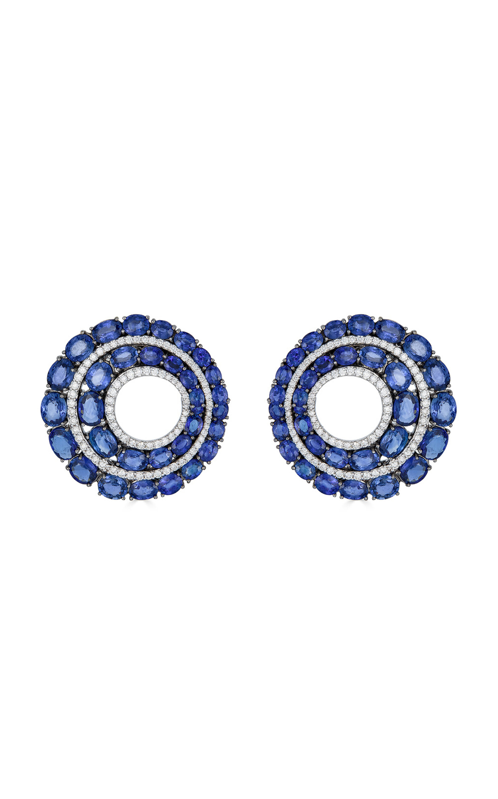 18K White Gold Sapphire; Diamond Hoop Earrings