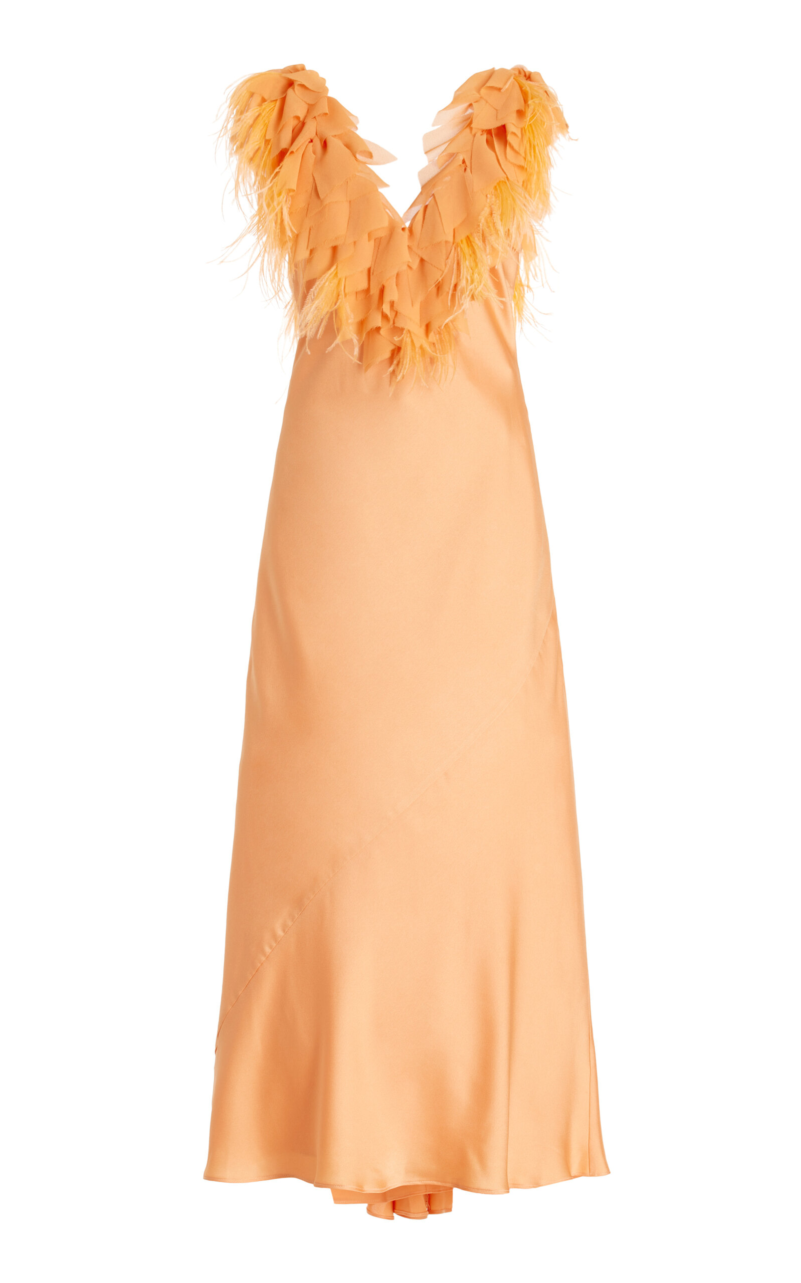 LOVESHACKFANCY MANOTA FEATHER-TRIMMED SATIN GOWN