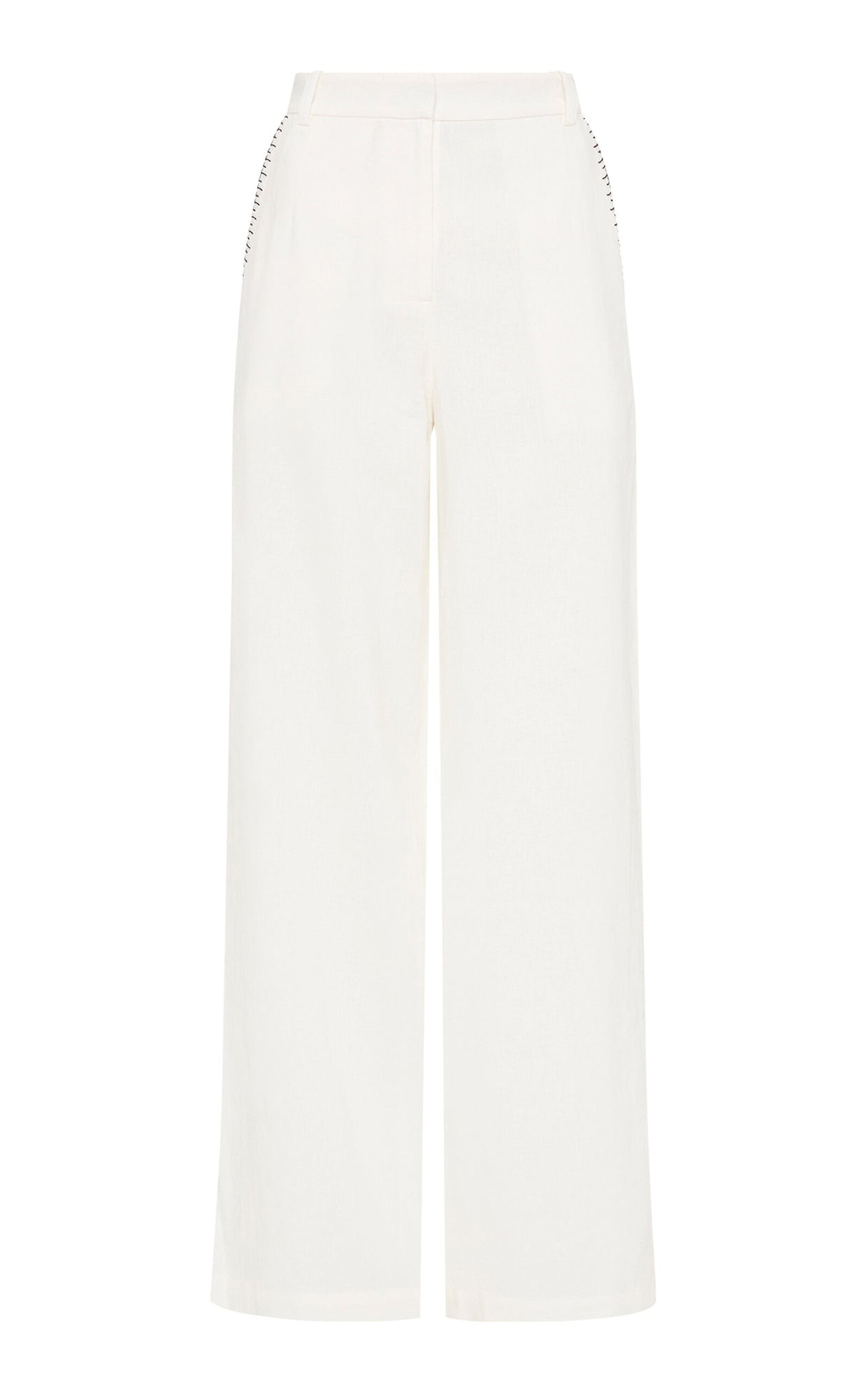 Shop Marysia Wegner Embroidered Linen Wide-leg Pants In White