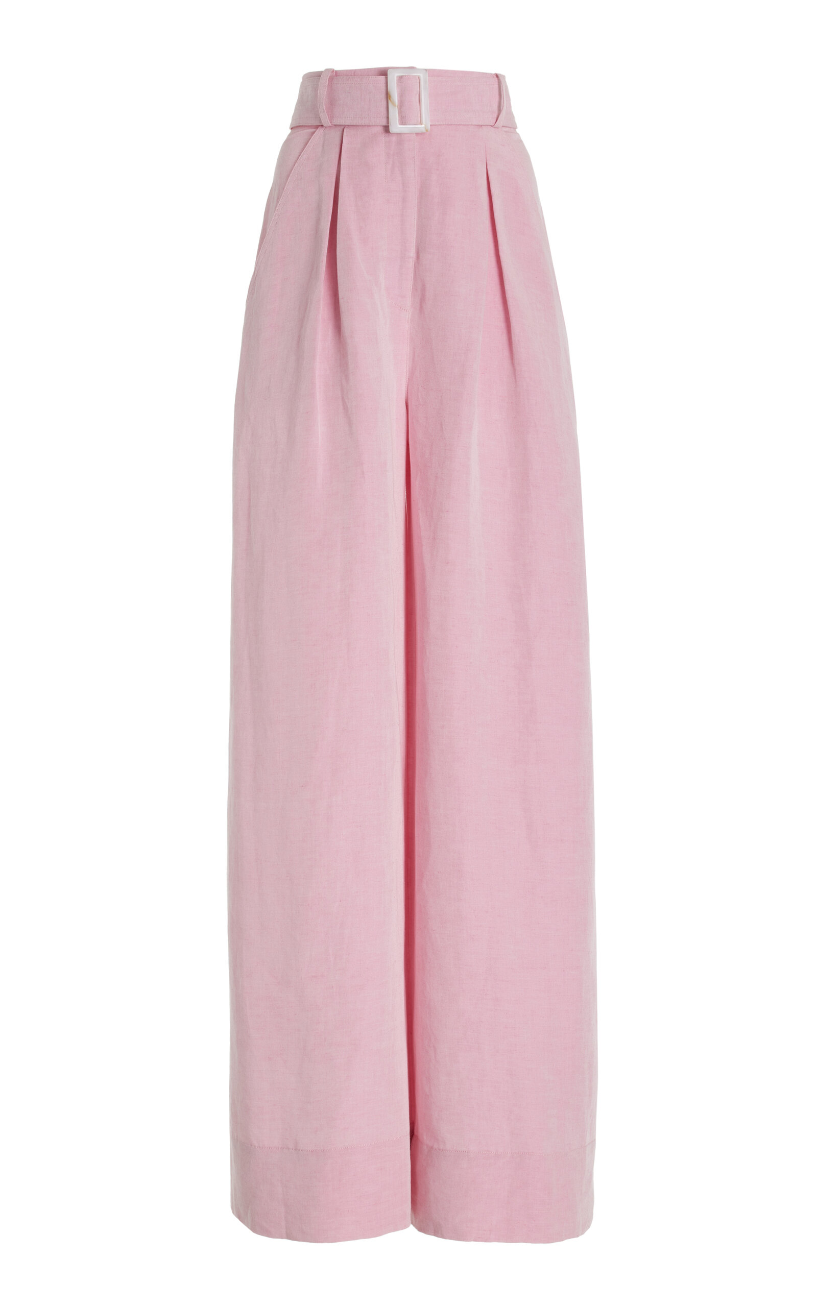 Matthew Bruch Belted High-waisted Linen-blend Wide-leg Pants In Pink