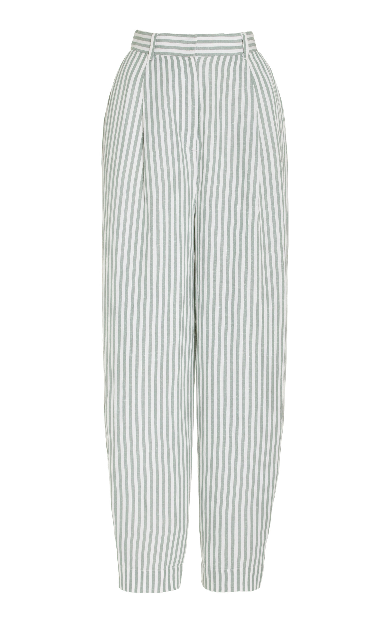 Shop Posse Lorenzo Striped Linen-blend Pleated Wide-leg Pants In Green
