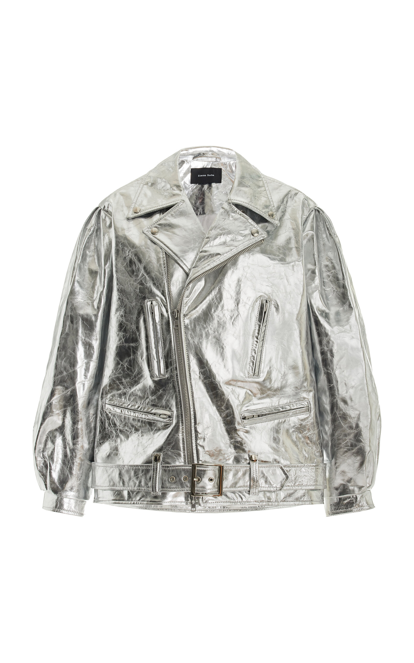 Puff-Sleeve Metallic Leather Biker Jacket