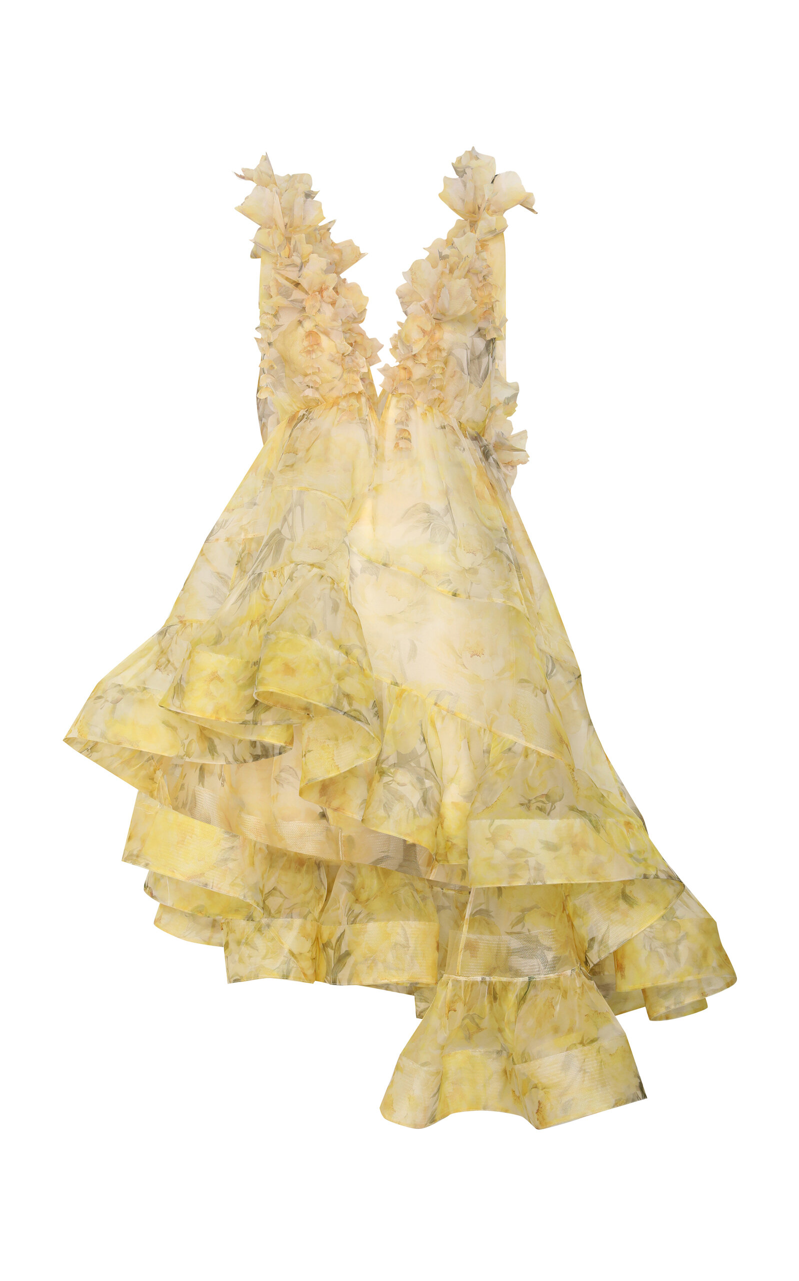 Shop Zimmermann Harmony Floral-appliquéd Peony-printed Silk Mini Dress In Yellow