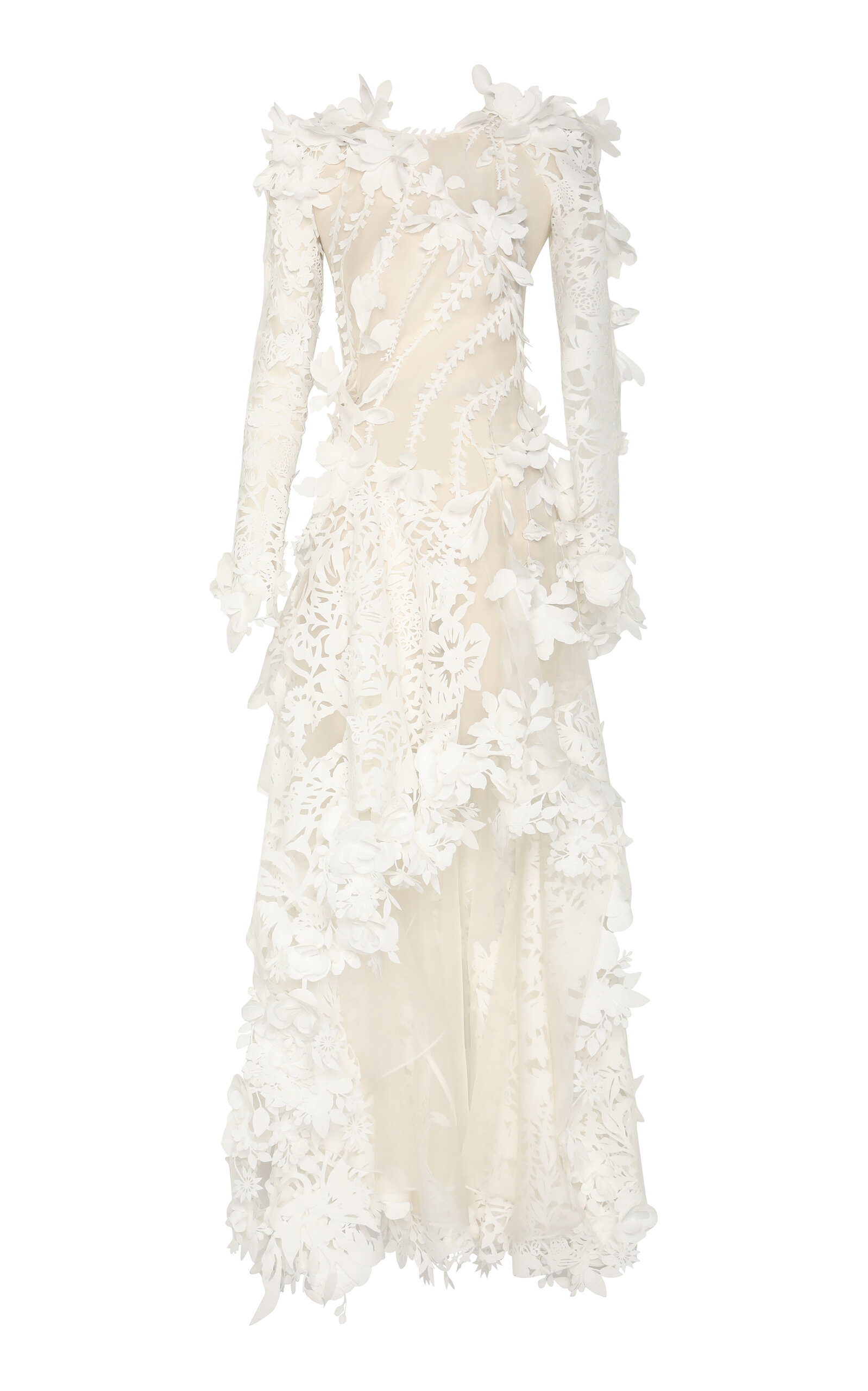 Zimmermann Tranquility Floral-appliquéd Linen-silk Midi Dress In 아이보리