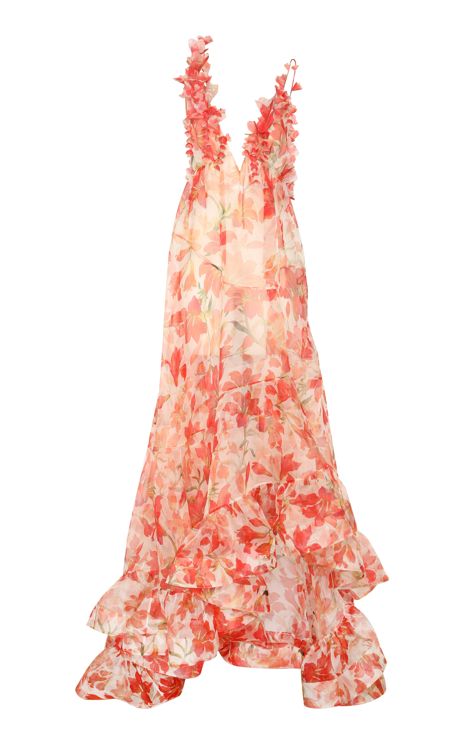 Zimmermann Tranquility Tiered Floral-appliquéd Silk Gown In Red