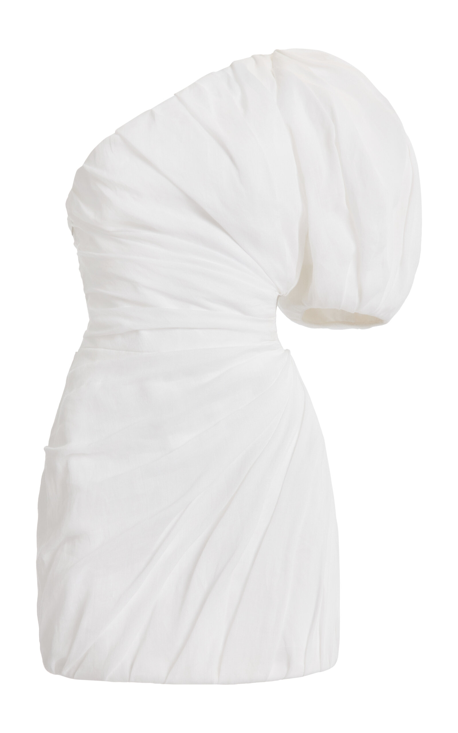 Chloé Asymmetric Draped Ramie Voile Mini Dress With Maxi Balloon Sleeve In White