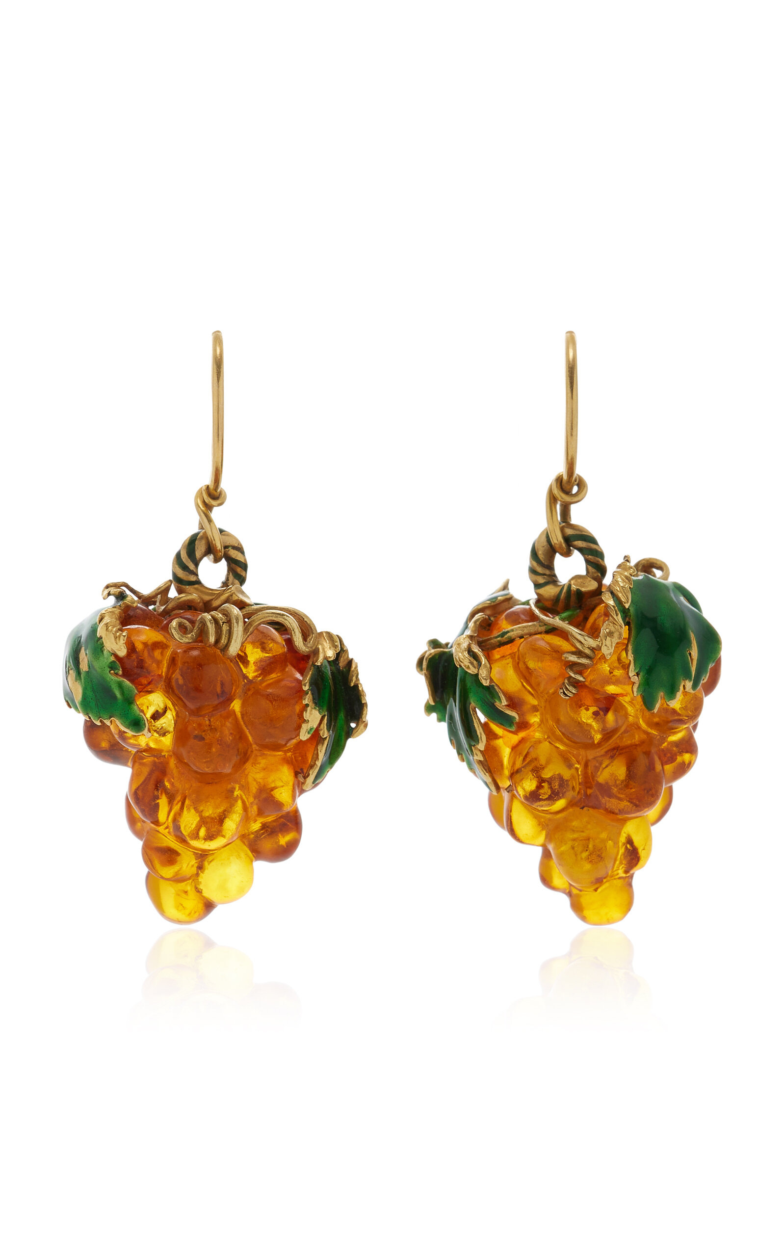 One-of-a-Kind 18K Yellow Gold Carved Amber and Green Enamel Grape Earrings